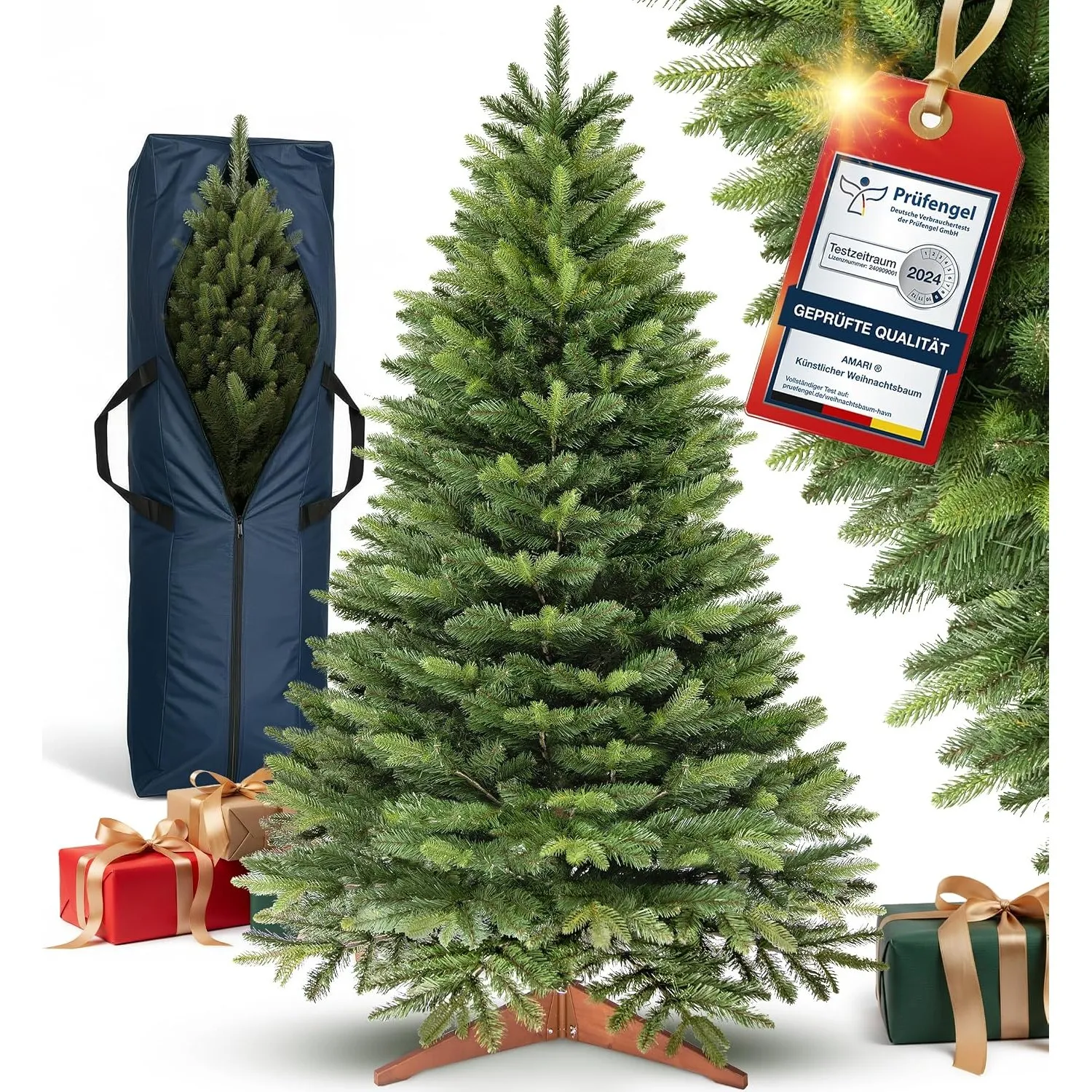 Amari ® Künstlicher Weihnachtsbaum 180 cm – Nordmanntanne naturgetreu mit Spritzguss-Spitzen, faltbar, inkl. Holzstände…