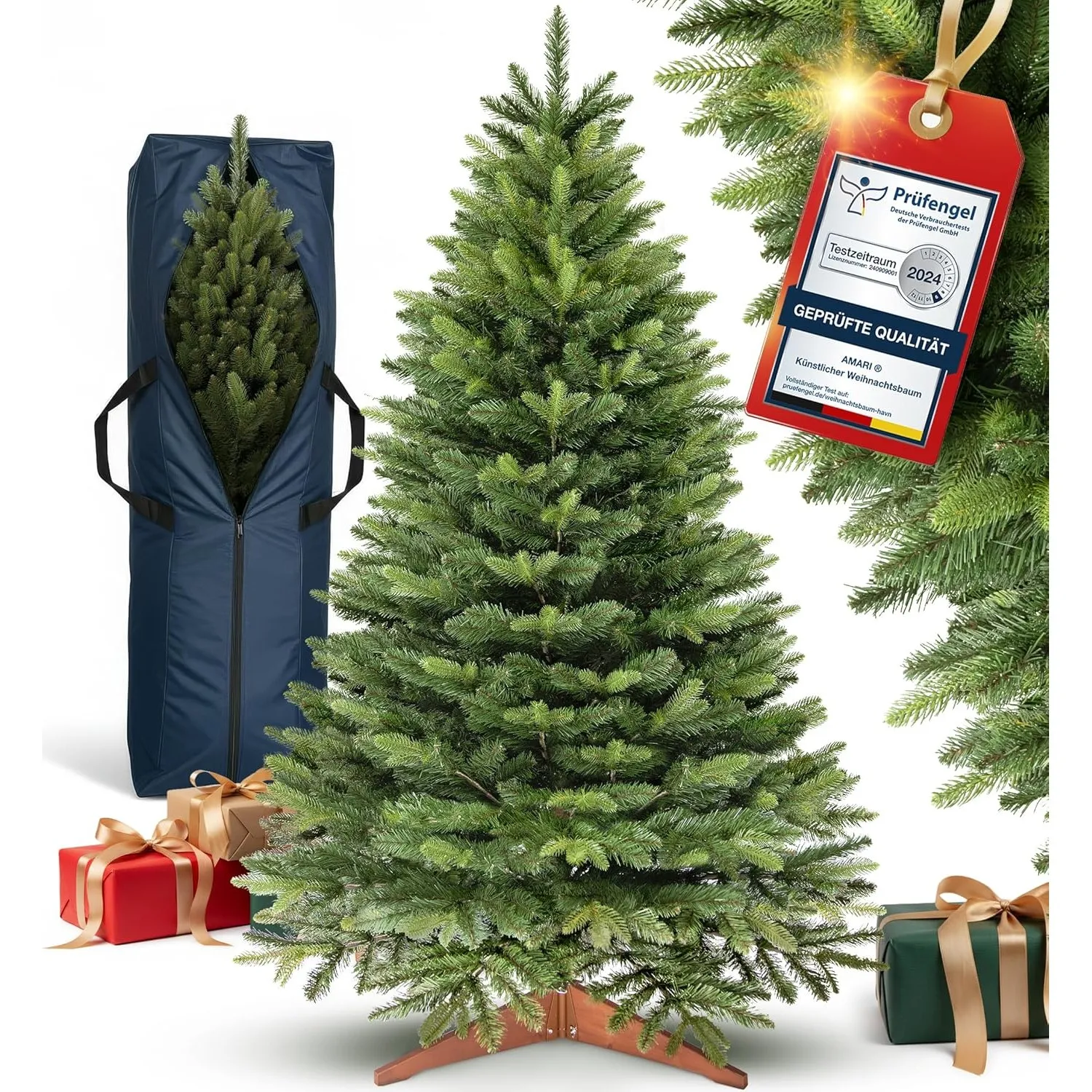 Amari ® Künstlicher Weihnachtsbaum 220 cm – Nordmanntanne naturgetreu mit Spritzguss-Spitzen, faltbar, inkl. Holzstände…