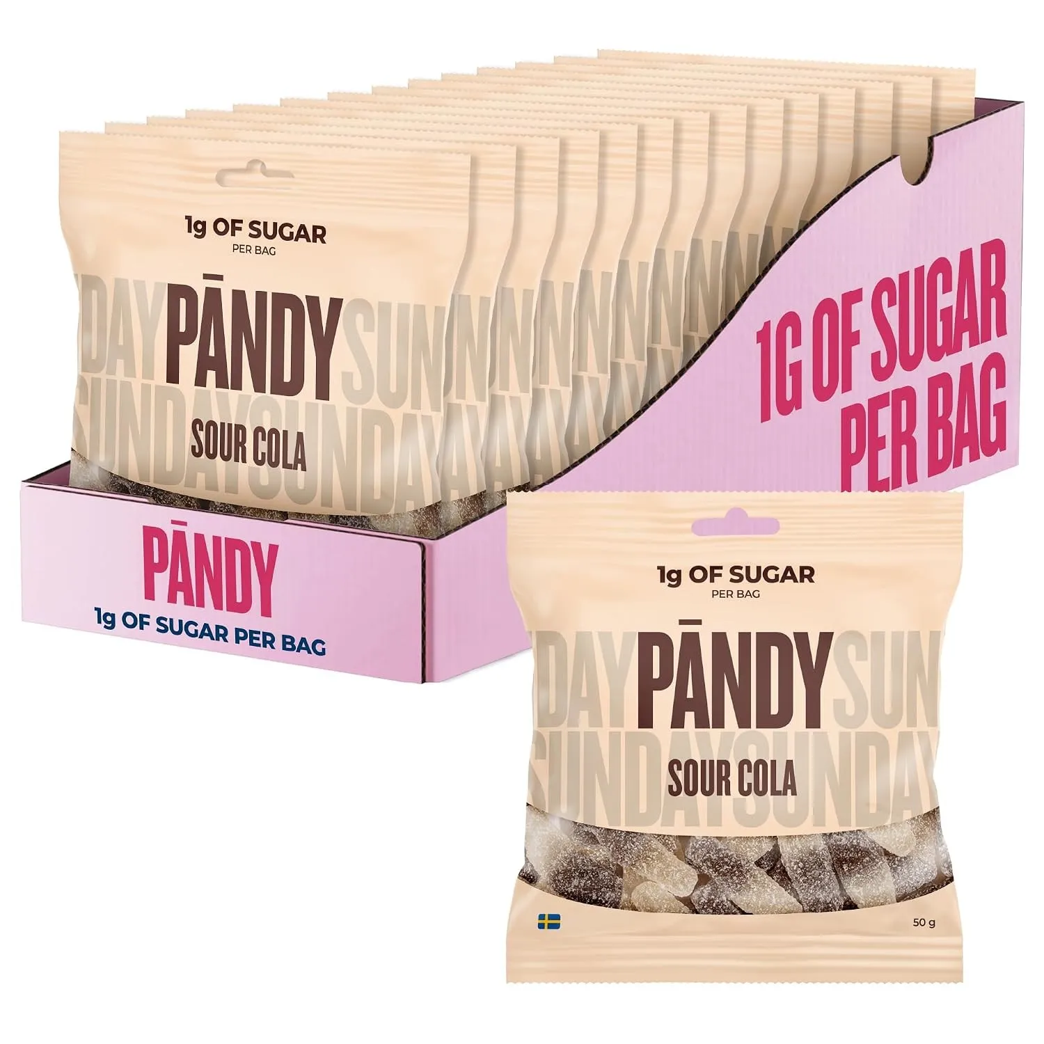 Pändy Süßigkeiten Sauer-Cola Gummibärchen, unter 1g Zucker, 14x 50g