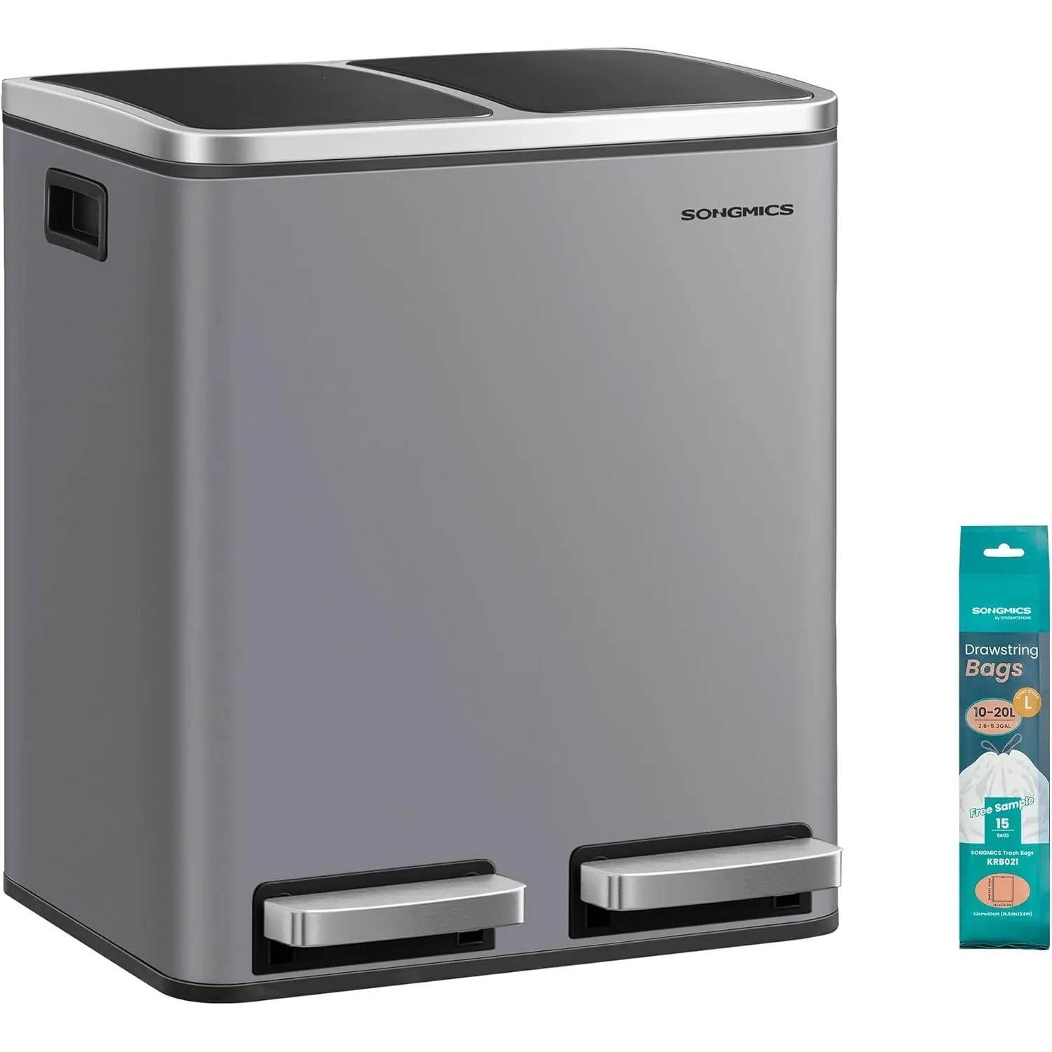 SONGMICS Mülleimer Küche, 2 x 15 Liter, Mülltrennsystem 2 Fächer, inklusive 15 Müllbeutel, Abfalleimer, Treteimer, recy…