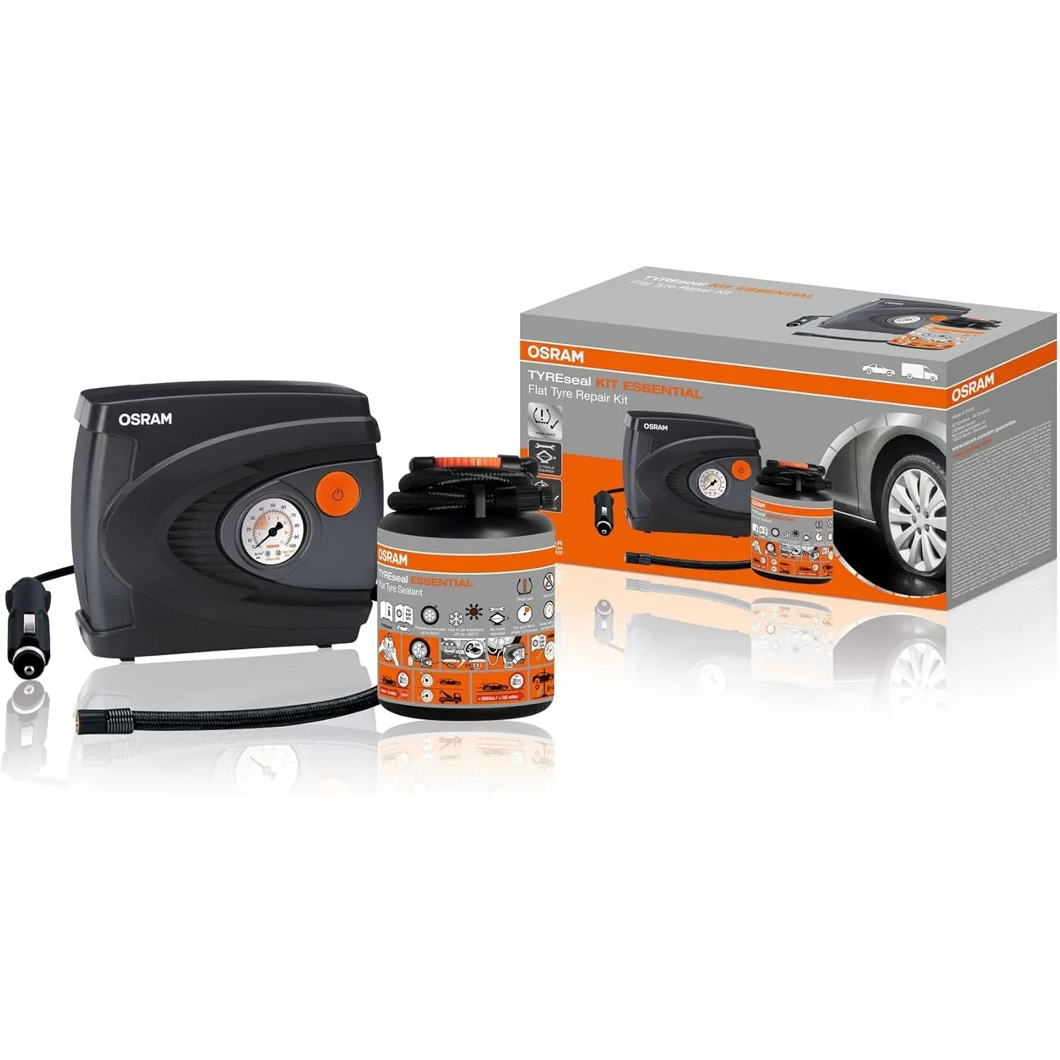 Osram TYREseal KIT Essential, 450 ml Reifendichtmittel und analoger Premium-Reifenfüller, RDKS geeigne, inklusive Aufbe…