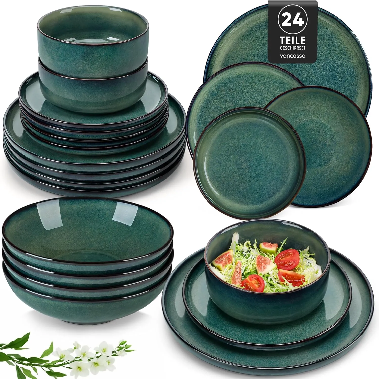 Geschirrset 6 Personen modern, vancasso STARRY 24-teiliges Steingut Geschirr Set, Kombiservice Set Grün, Tafelservice 6…