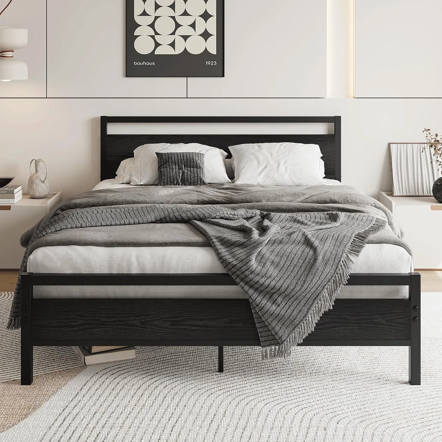HOJINLINERO Metallbett 140x200 mit lattenrost,Bed Frame Schwarz