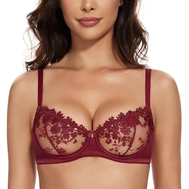 Wingslove Damen BH Mit Bügel - Floraler Spitze, Weiche Sexy Durchsichtiger Balconette Lace Bra Ohne Gepolster