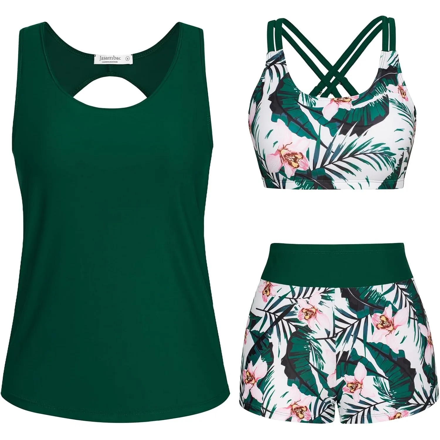 JASAMBAC 3-teiliger Tankini Damen Bauchweg, Push-up-Bikinioberteil und High Waist Badeshorts, einfache Badebekleidung, …