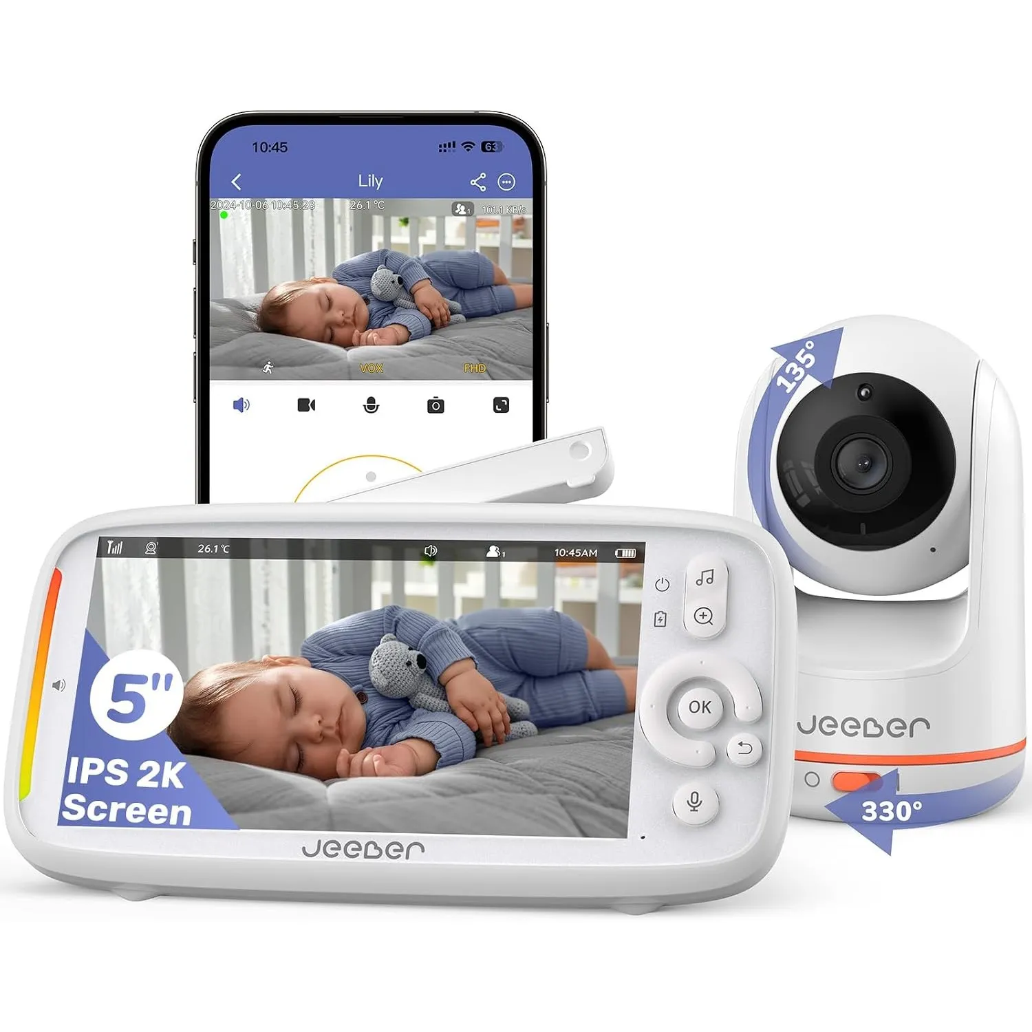 2K/3MP WLAN Babyphone mit Kamera App, 5-Zoll-IPS Baby Monitor, 360°