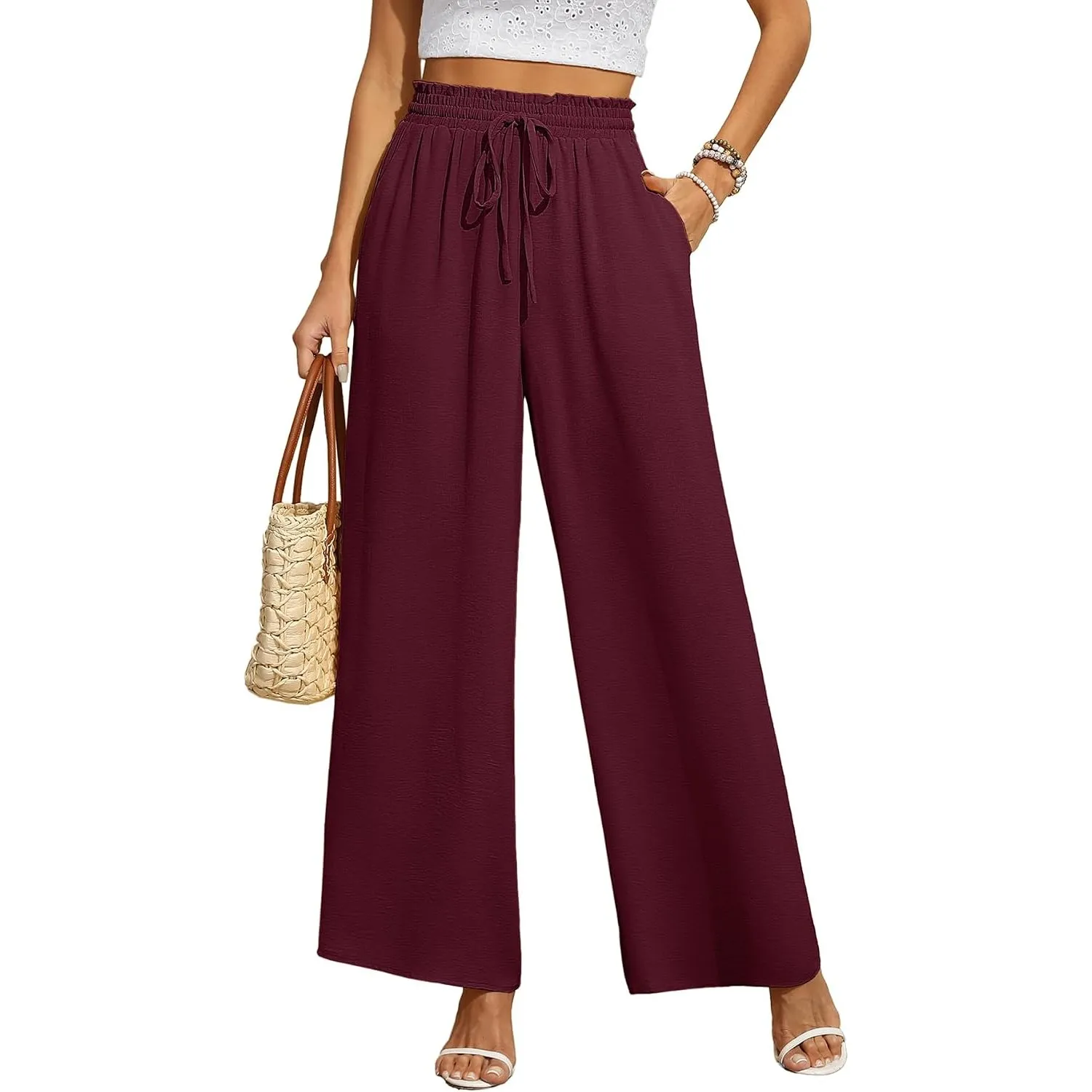 BEIGAI Damen Hosen Weites Bein Stoffhose Locker Gerade Leichte Palazzo Hose | Hohe Taille Dehnbar Lounge Freizeithose, …