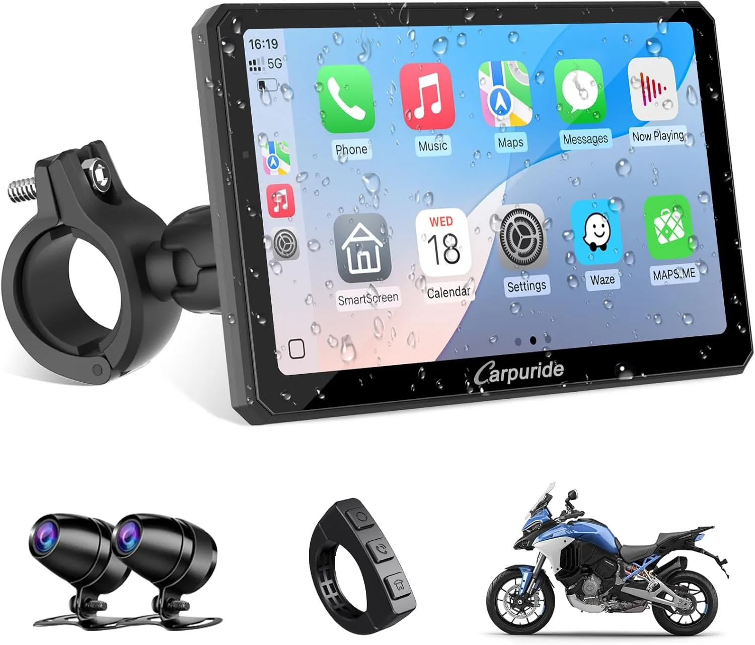 Carpuride W712D Motorcycle Carplay Screen with 1080P Dual Cameras, Wireless CarPlay and Android Car, 7 Inch Waterproof …
