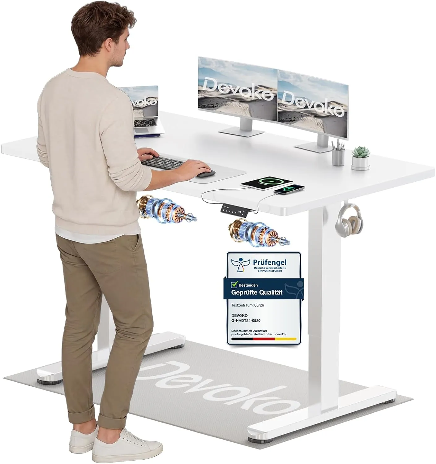Devoko Height-adjustable desk with 2 motors, 25 mm one-piece table top, 140 x 70 cm, electric computer desk with cable …