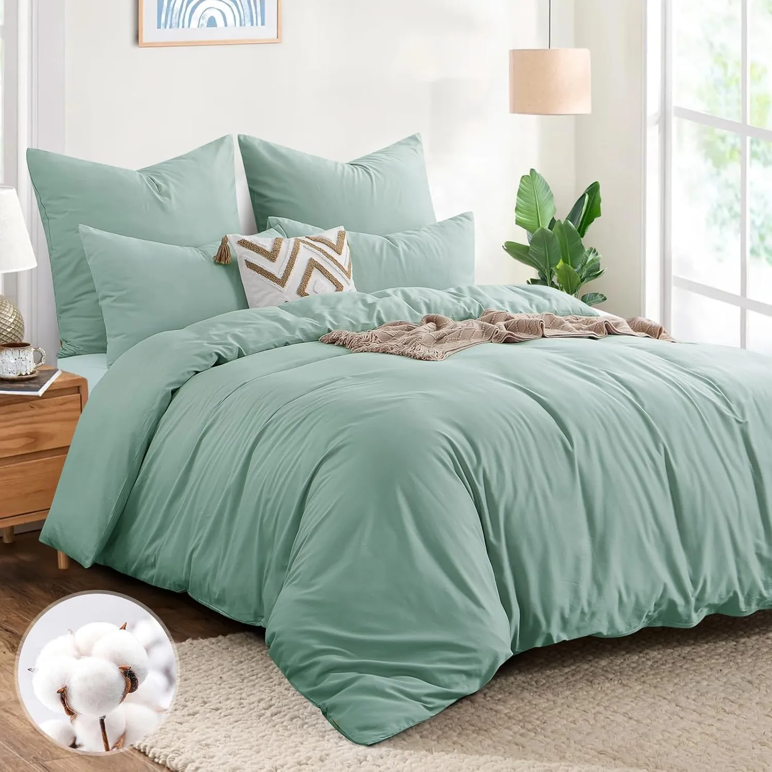 Aisbo Bettwäsche 200x200 Baumwolle Grün - 3-teiliges Set mit 1x Duvet Cover 200x200cm und 2x Kissenbezügen 80x80cm, Oek…
