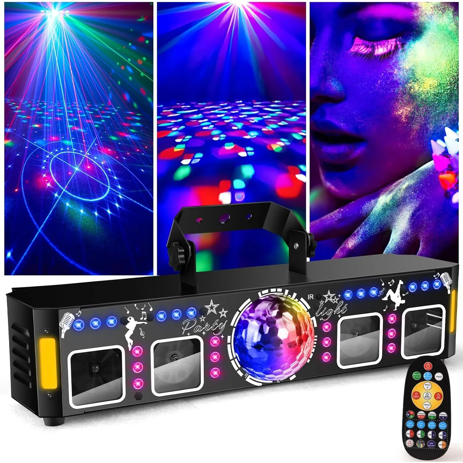 Fwiull 6-in-1 Discolicht Partylicht mit Fernbedienung 125 Lichtmuster | Musikgesteuerte RGB DJ Disco Lichter, DMX Party…
