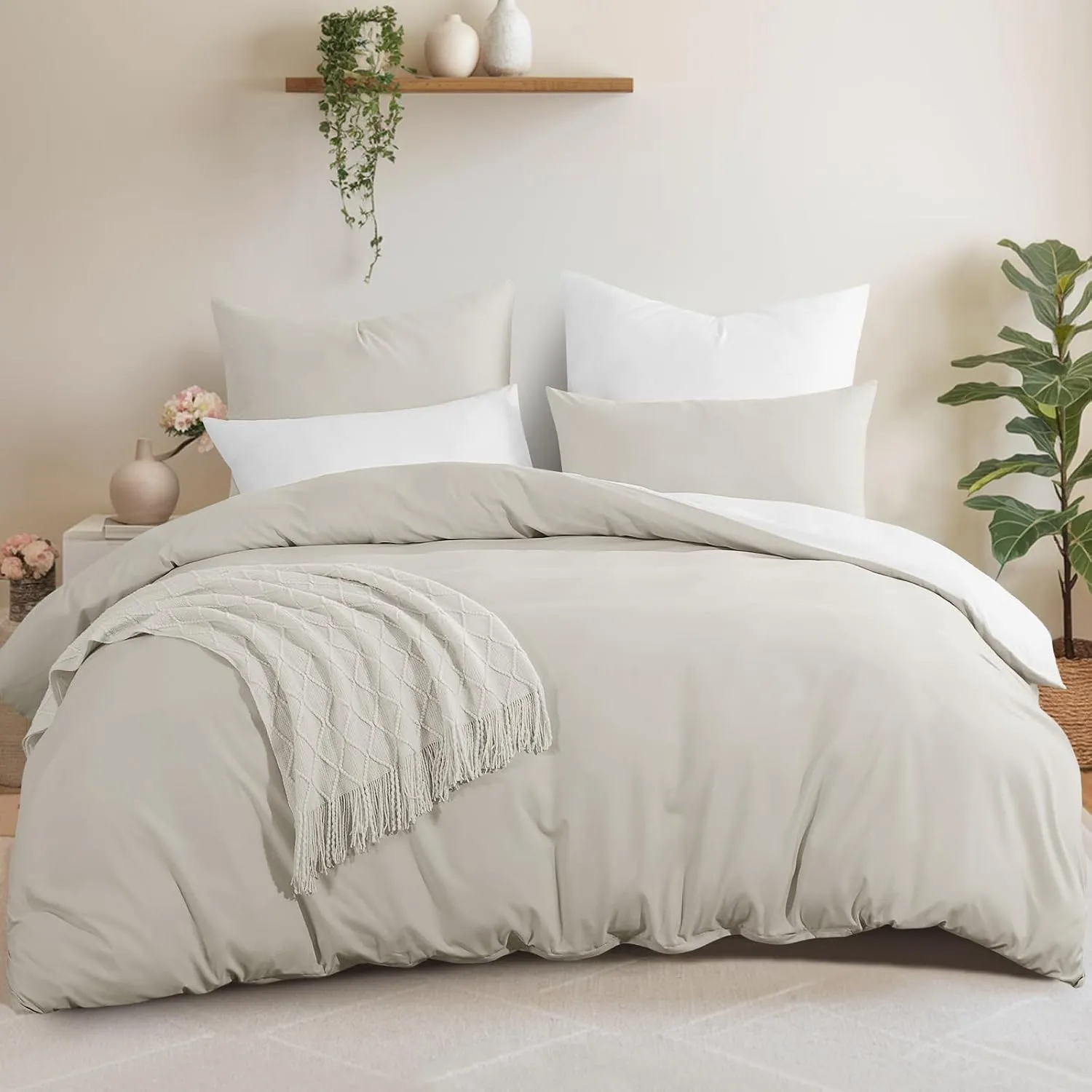 Aisbo Bettwäsche 220x240 3teilig Beige Weiß - Bettwäsche Sets 1 Bettbezug 220x240 cm + 2 Kissenbezüge 80x80 cm, ÖKO-TEX…