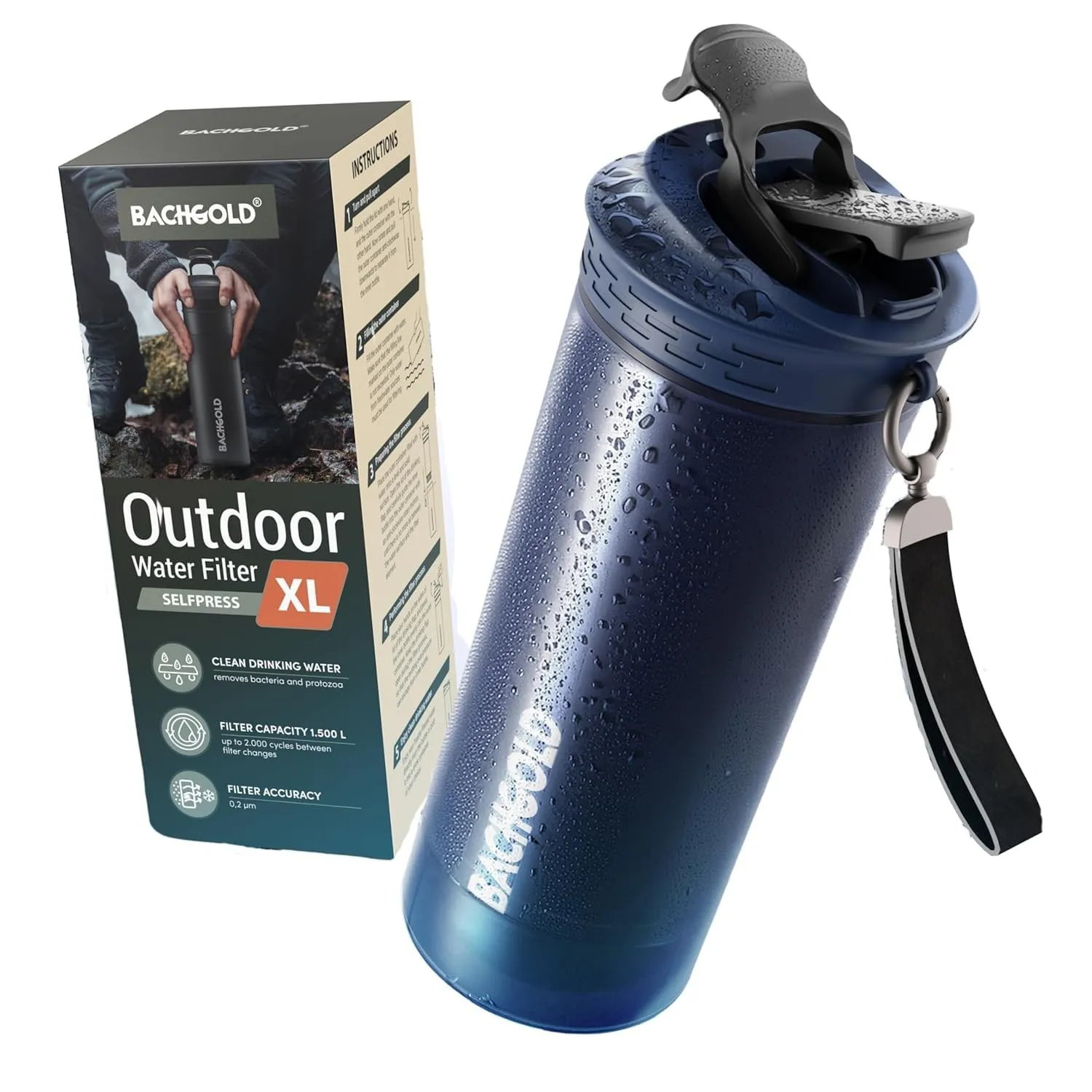 Bachgold Selfpress Wasserfilter Outdoor Trinkflasche, 800 ml, Blau | Entfernt 99,99% Bakterien, Mikroplastik & Chlor – …