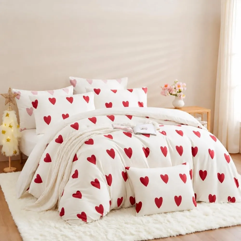 Nayoroom Winter Bettwäsche 155x220 Mädchen Weiß Rot Herzen Plüsch Bettbezug