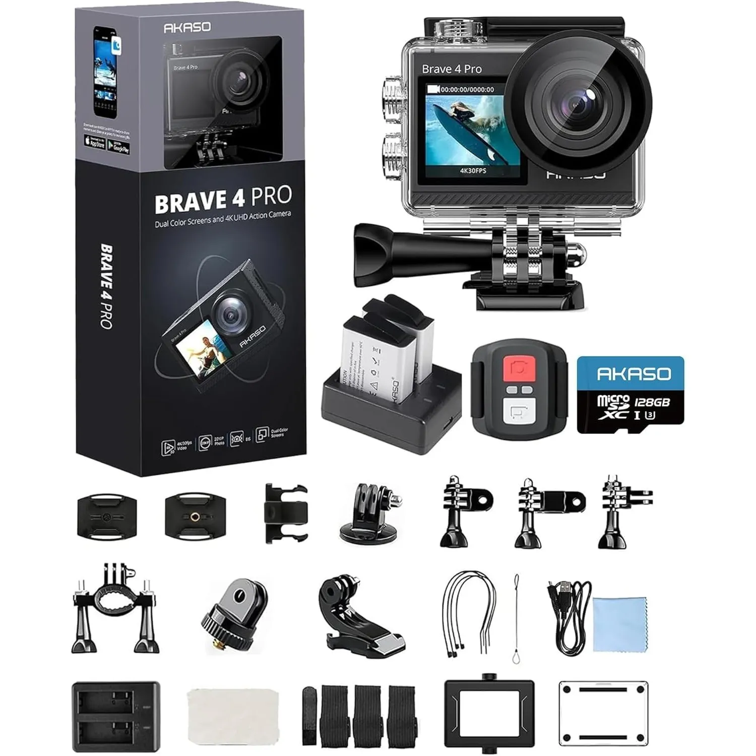 AKASO Action Cam 4K30FPS 20MP mit 128GB Speicherkarte 40M Unterwasserkamera