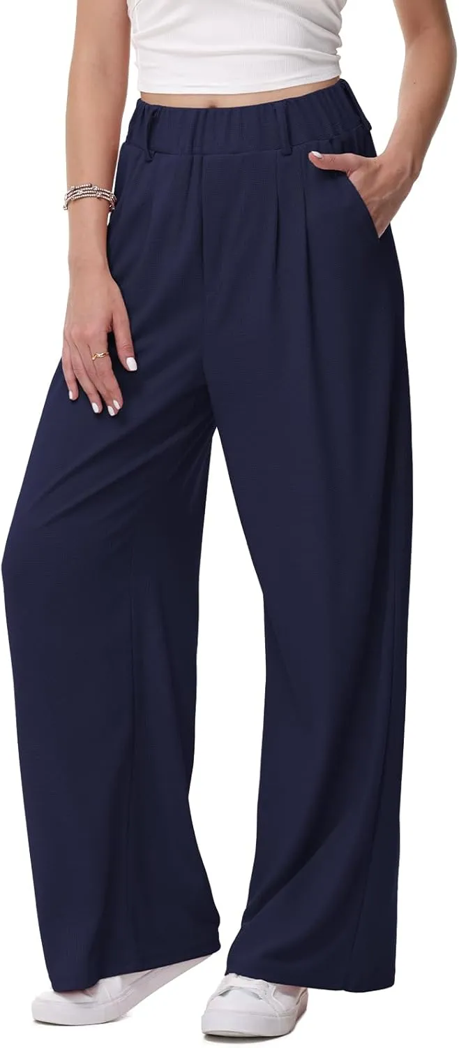 HMIYA Weite Hosen Damen-Bügelfreie Lässig Leichte Stoffhose Locker Palazzo Hose Hohe Taille Sommer Freizeithose mit Tas…