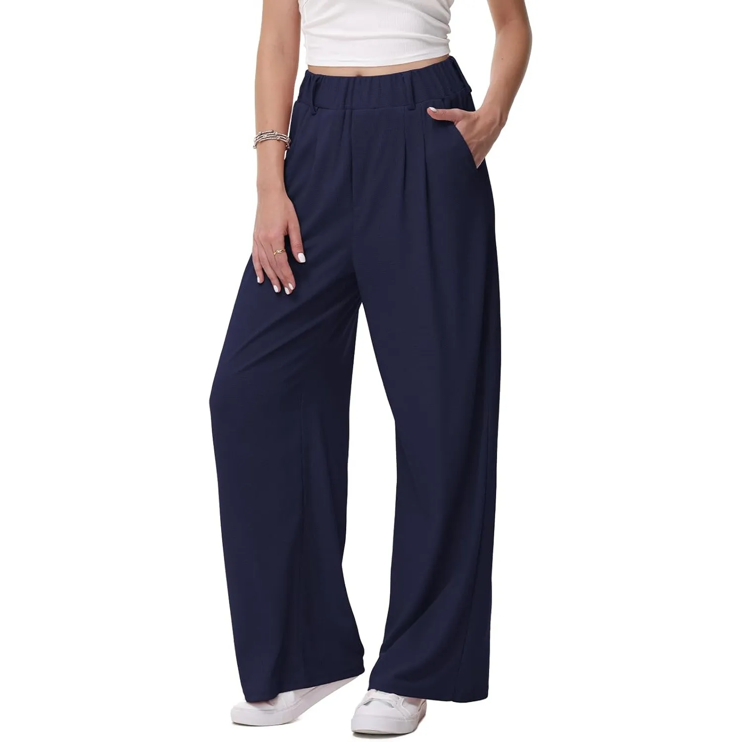 HMIYA Weite Hosen Damen-Bügelfreie Lässig Leichte Stoffhose Locker Palazzo Hose Hohe Taille Sommer Freizeithose mit Tas…