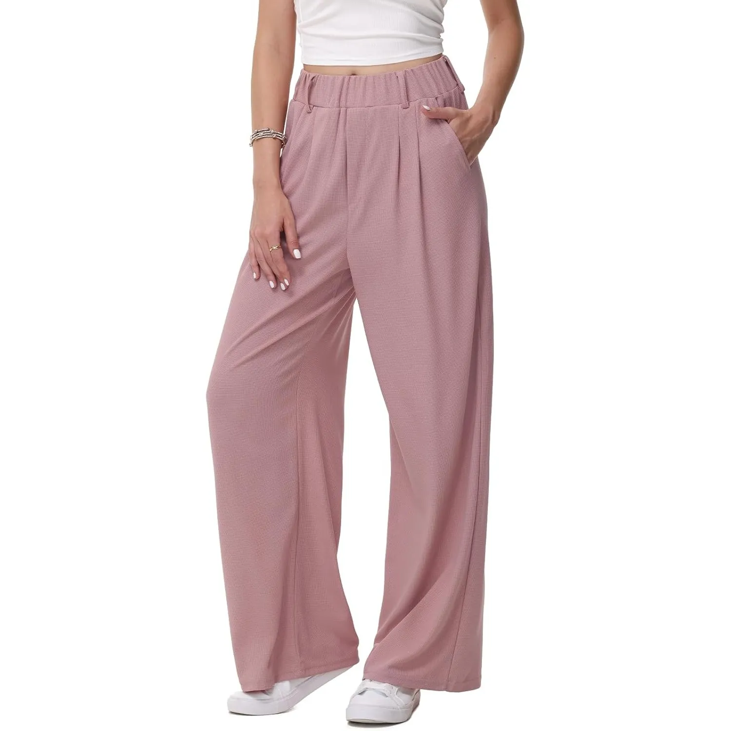 HMIYA Weite Hosen Damen-Bügelfreie Lässig Leichte Stoffhose Locker Palazzo Hose Hohe Taille Sommer Freizeithose mit Tas…