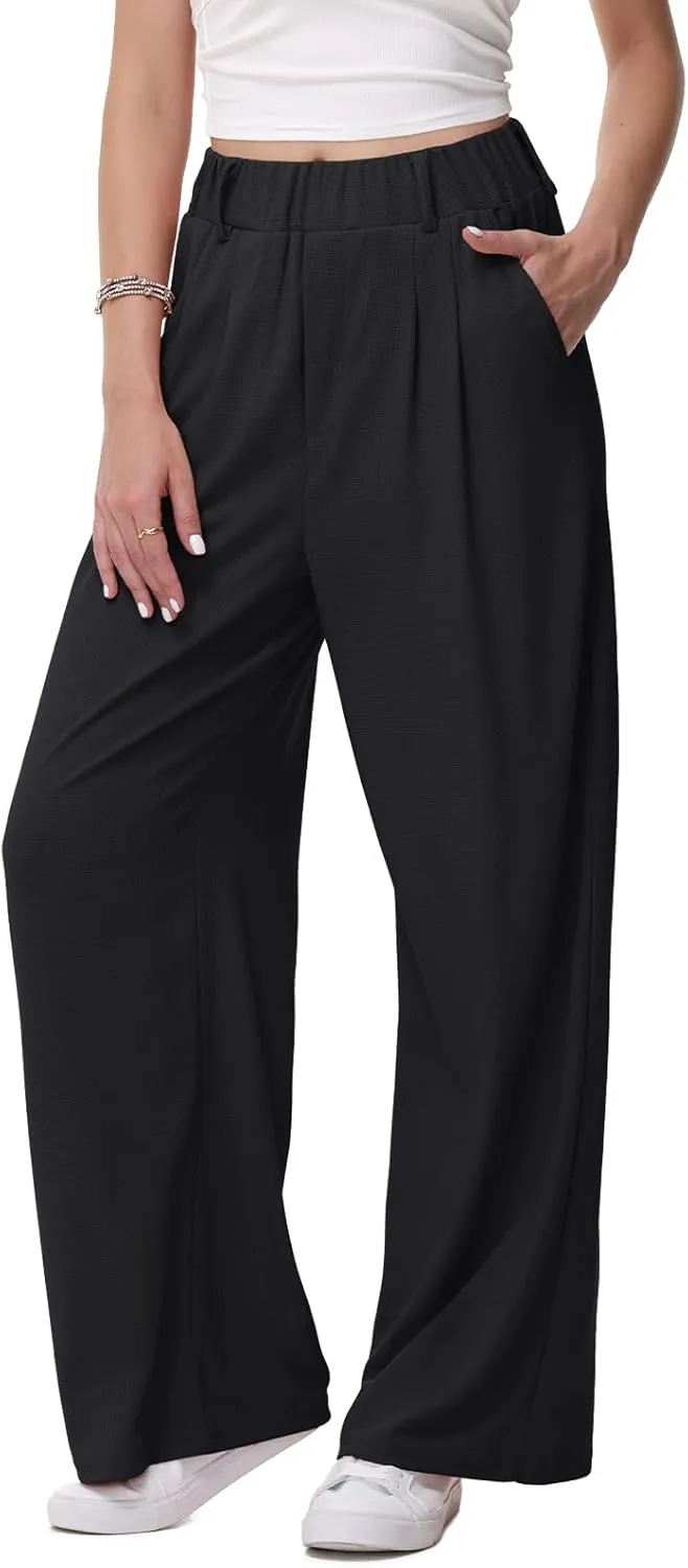 HMIYA Weite Hosen Damen-Bügelfreie Lässig Leichte Stoffhose Locker Palazzo Hose Hohe Taille Sommer Freizeithose mit Tas…