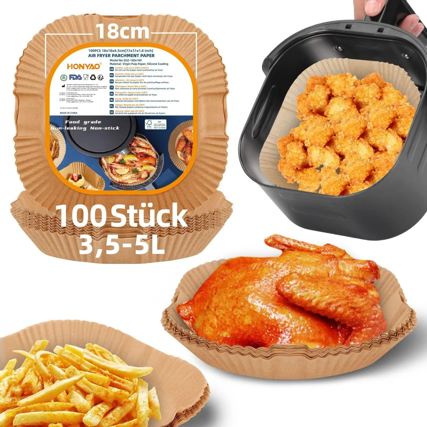 HONYAO Backpapier für Heißluftfritteuse 3,5-5 L, 100 Stück 18x18 cm Eckig Air fryer Papier Antihaft Einwegschalen Luftf…