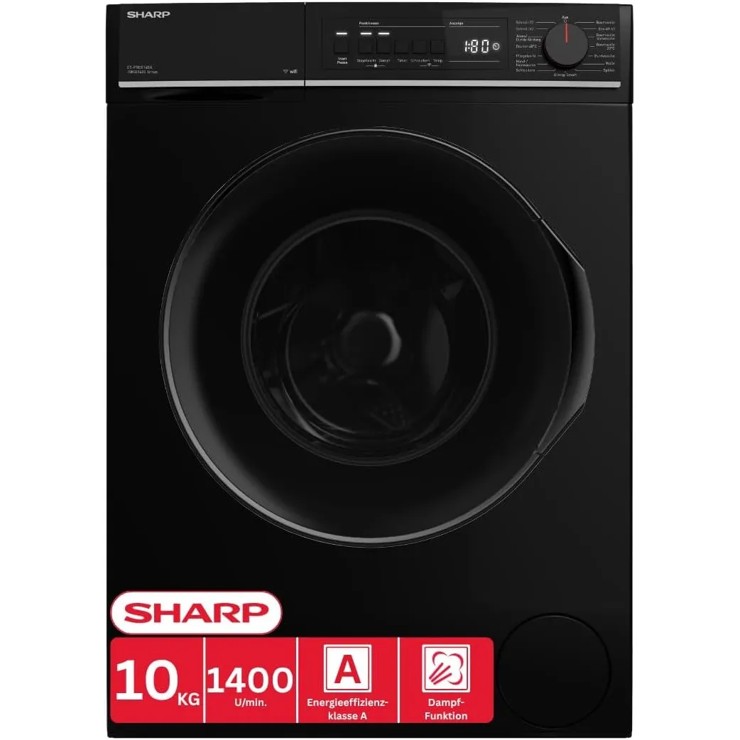 SHARP ES-PRO014BA-DE Waschmaschine (10 kg, EEK A, 1400 U/min.), (WiFi, Inverter Motor, Dampf, AquaStop), Schwarz
