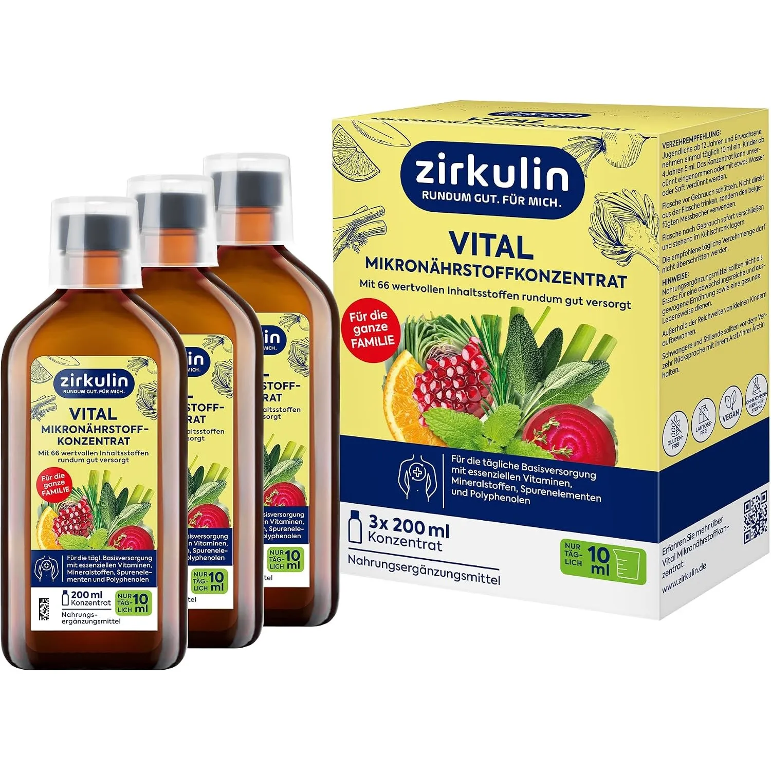 Zirkulin Vital Mikronährstoffkonzentrat 3x200ml – 60 Tage Reichweite - 66 Vitalstoffe aus Obst, Gemüse & Kräutern - Wer…