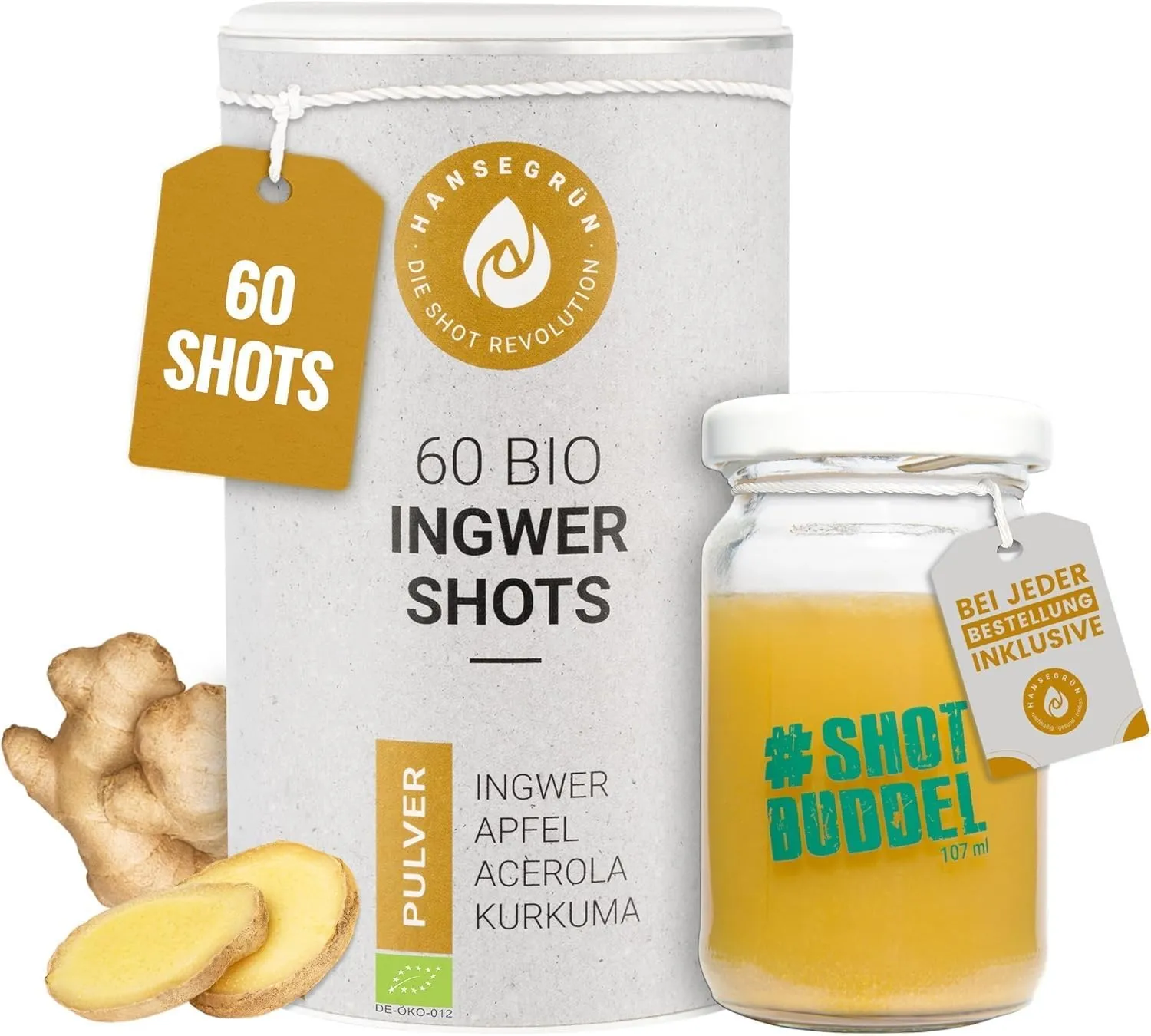 Hansegrün - Bio Ingwer Kurkuma Shots (60 Stk.) - Veganes Superfood-Pulver für Immungsystem¹ & Energiestoffwechsel² - Ku…