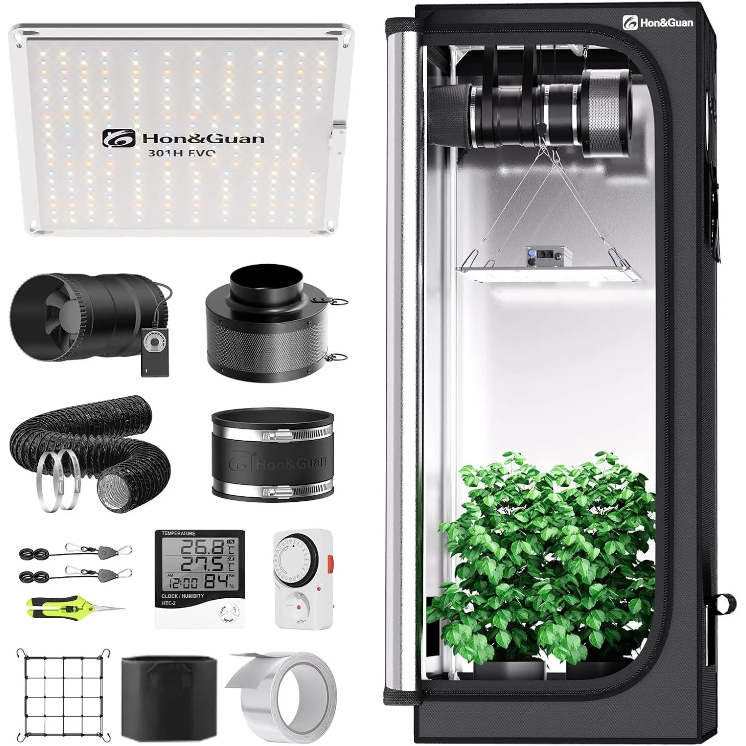 Hon&Guan Growzelt Komplettset mit HG1000 LED Grow Lampe 60x60x160cm Grow Tent 150mm Rohrventilator Aktivkohlefilter Bel…
