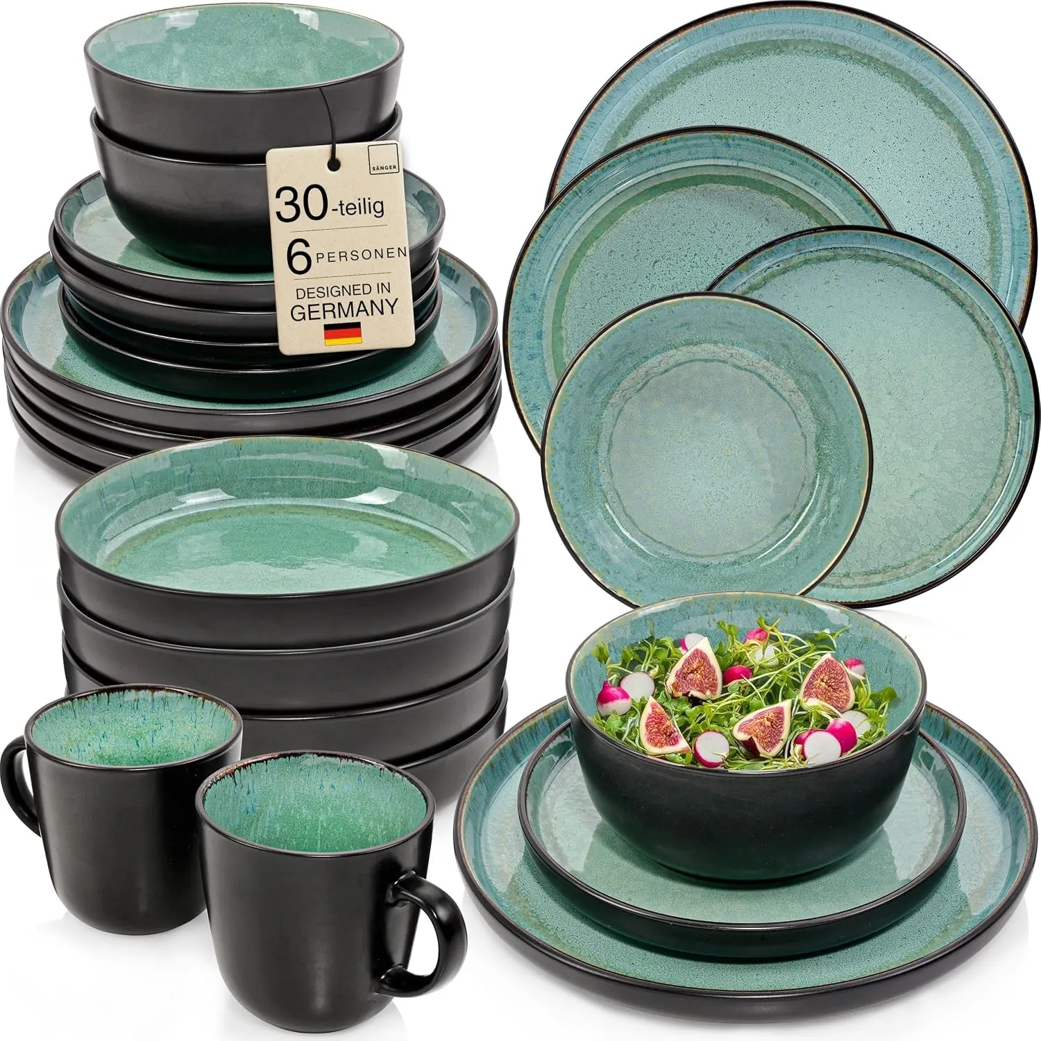 SÄNGER Fiji Steingut Geschirrset 6 Personen, Teller Set 30-tlg Grün | Handmade Geschirr Set, Kombiservice: Teller, Kaff…