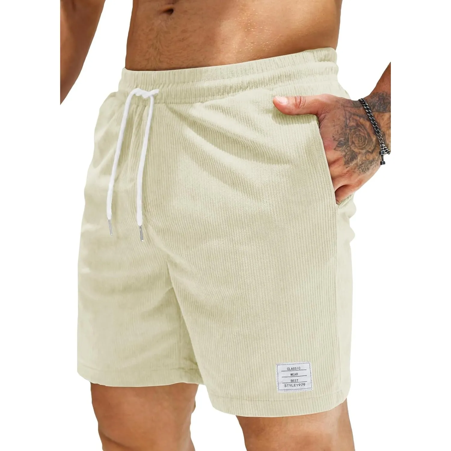 JMIERR Corduroy Shorts Herren Sommer Freizeit Leinen Stretch Baumwolle Elastische Taille mit Taschen