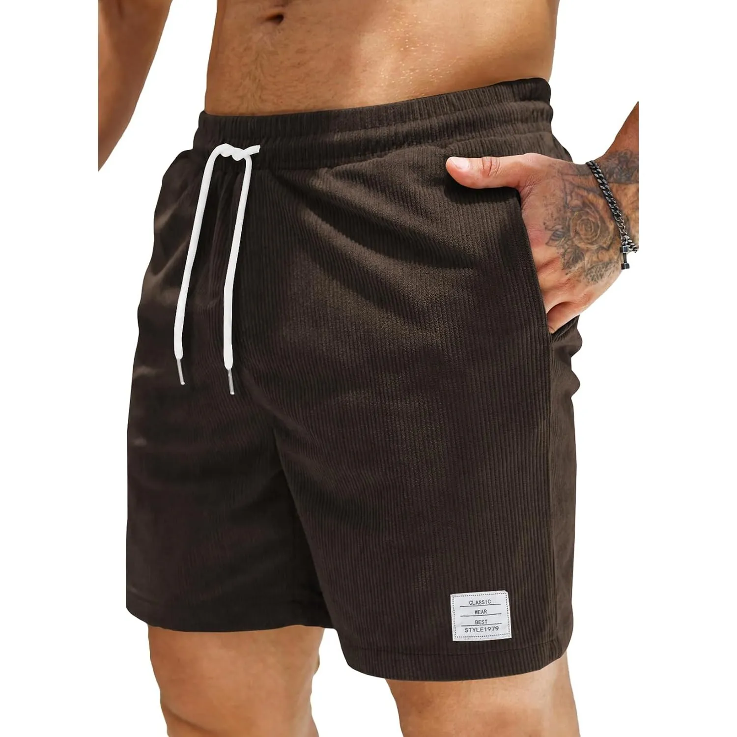 JMIERR Corduroy Shorts Herren Sommer Freizeit Leinen Stretch Baumwolle Elastische Taille mit Taschen