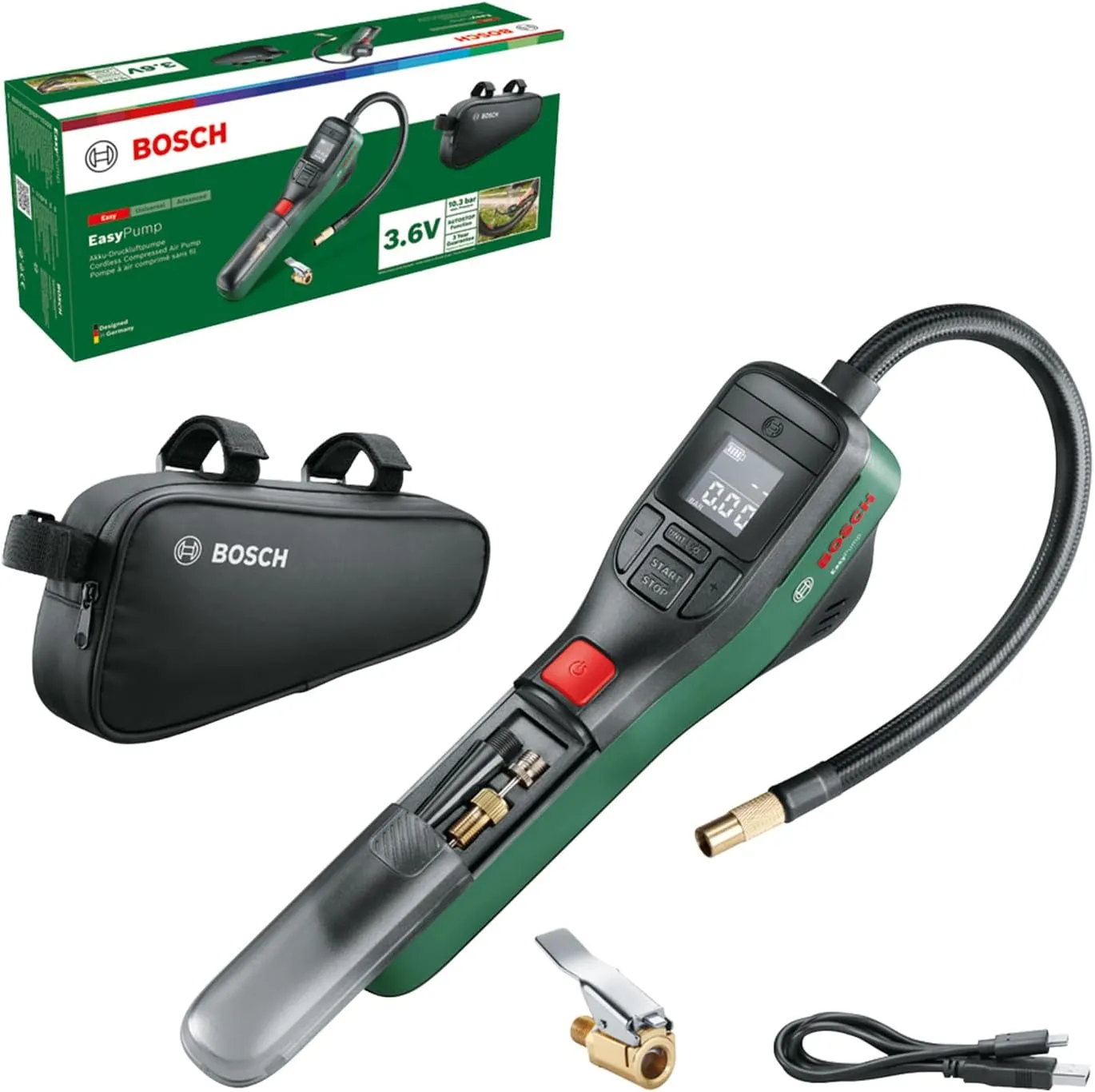 Bosch elektrische Fahrradpumpe/Luftpumpe/Mini Kompressor EasyPump (3,0 Ah Akku; 3,6 Volt; Autostop-Funktion; 150 PSI; 1…
