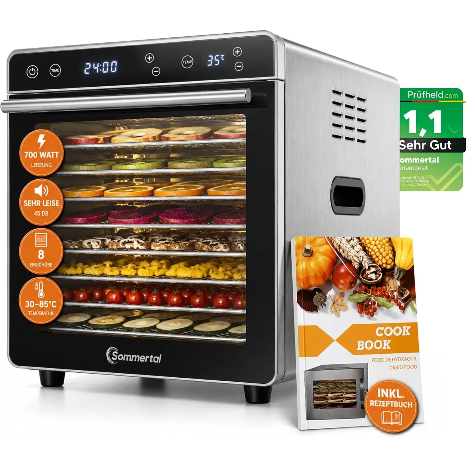 Sommertal Dörrautomat Silence 700 XXL | 8 Edelstahlgitter, 700W, BPA-frei