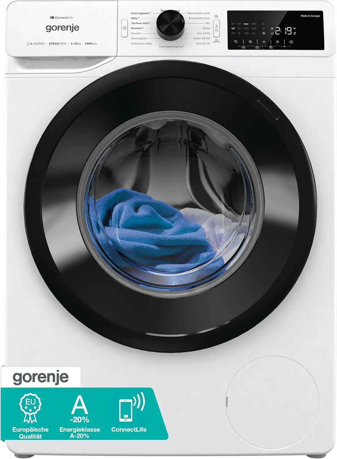 Gorenje WPAM14A2T Waschmachine mit Dampffunktion/ConnectLife / 10Kg / 1400 U/min / 15 Programme/Totaler AquaStop/Edelst…