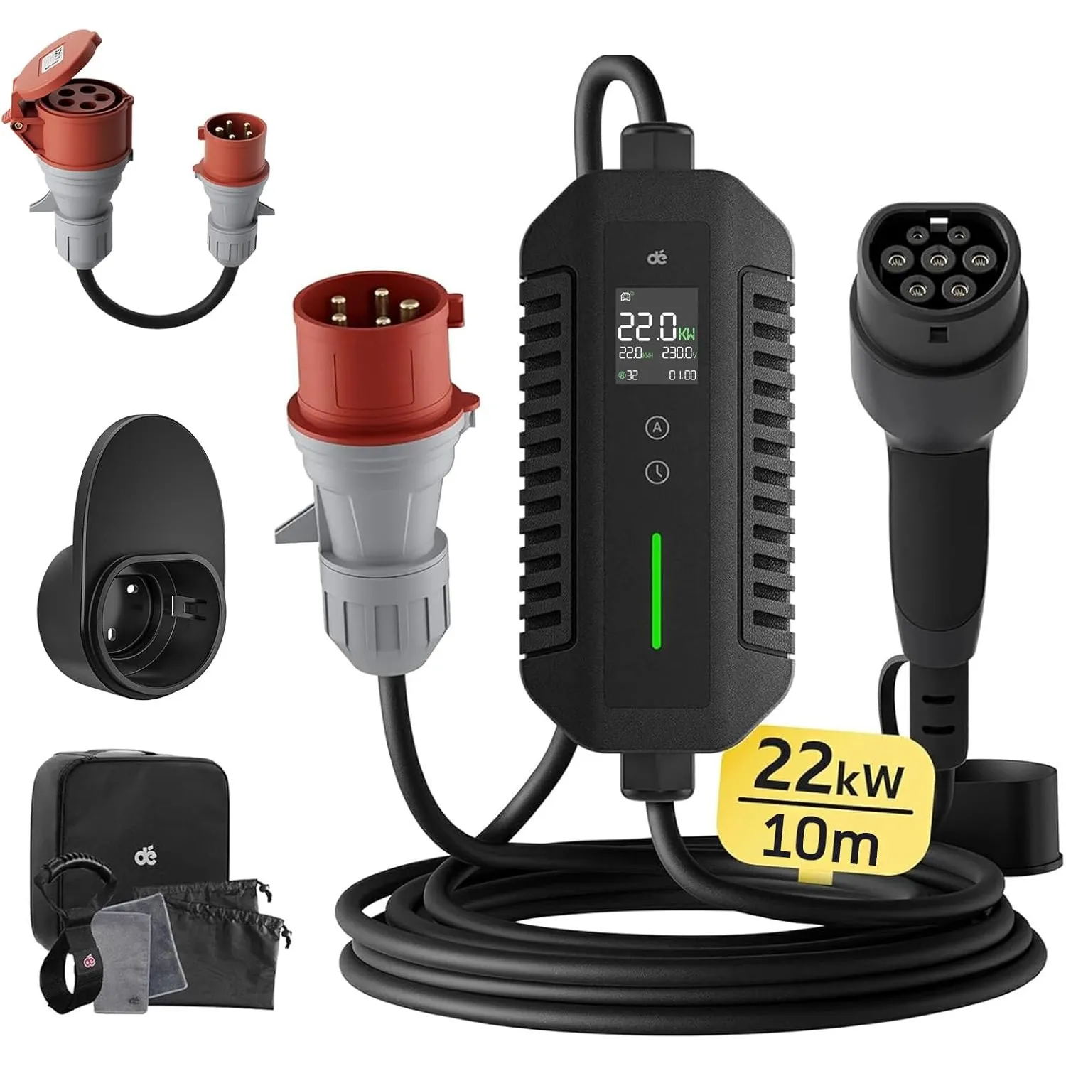 dé Mobile Wallbox 22kW [3-phasig,10m,6-32A] mit Einstellbarer Ladeleistung | Ladekabel e Auto CEE 32A 400V auf Typ 2 La…