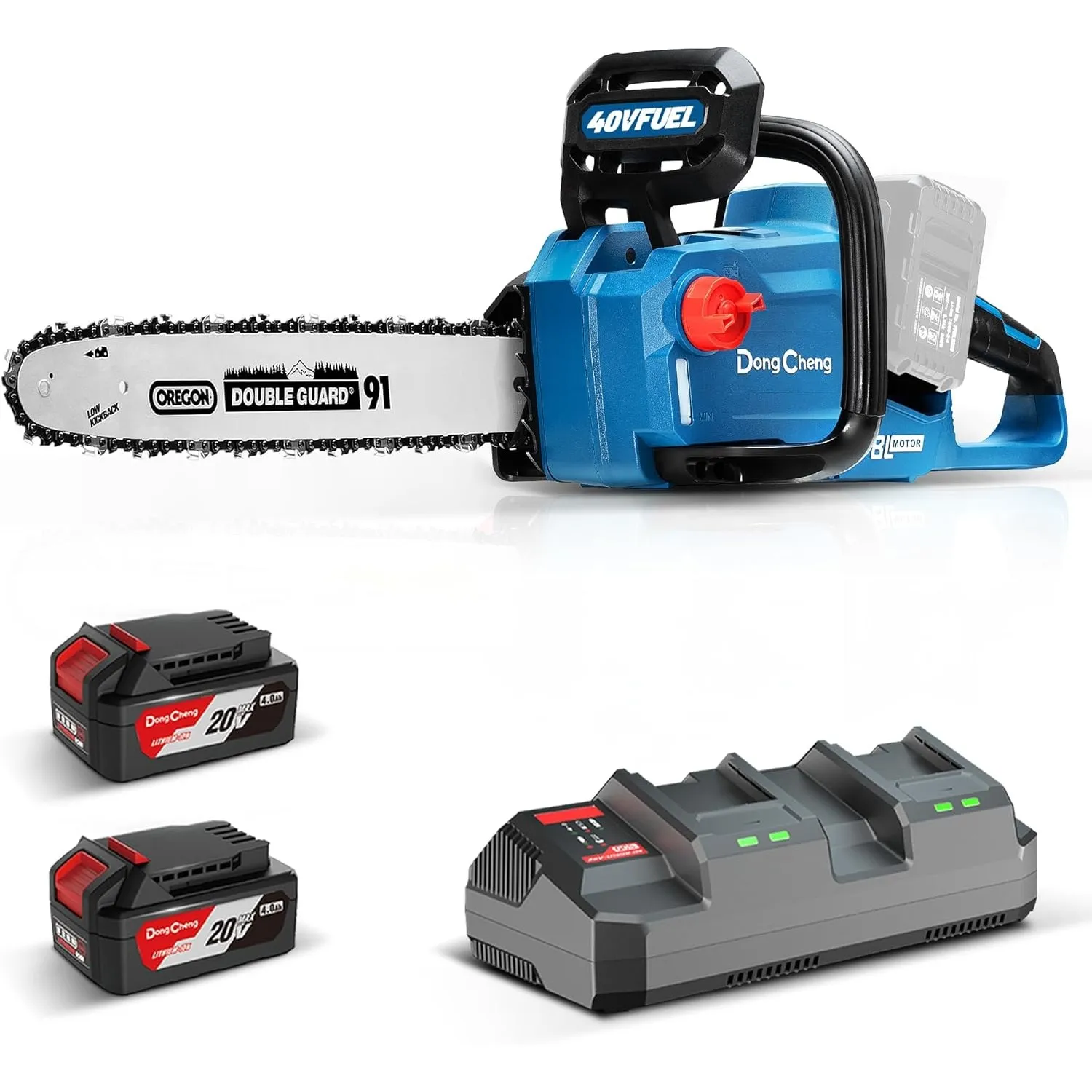 DongCheng Akku Kettensäge 40V, Brushless 1600W, 38cm Schnittlänge, 2×4Ah