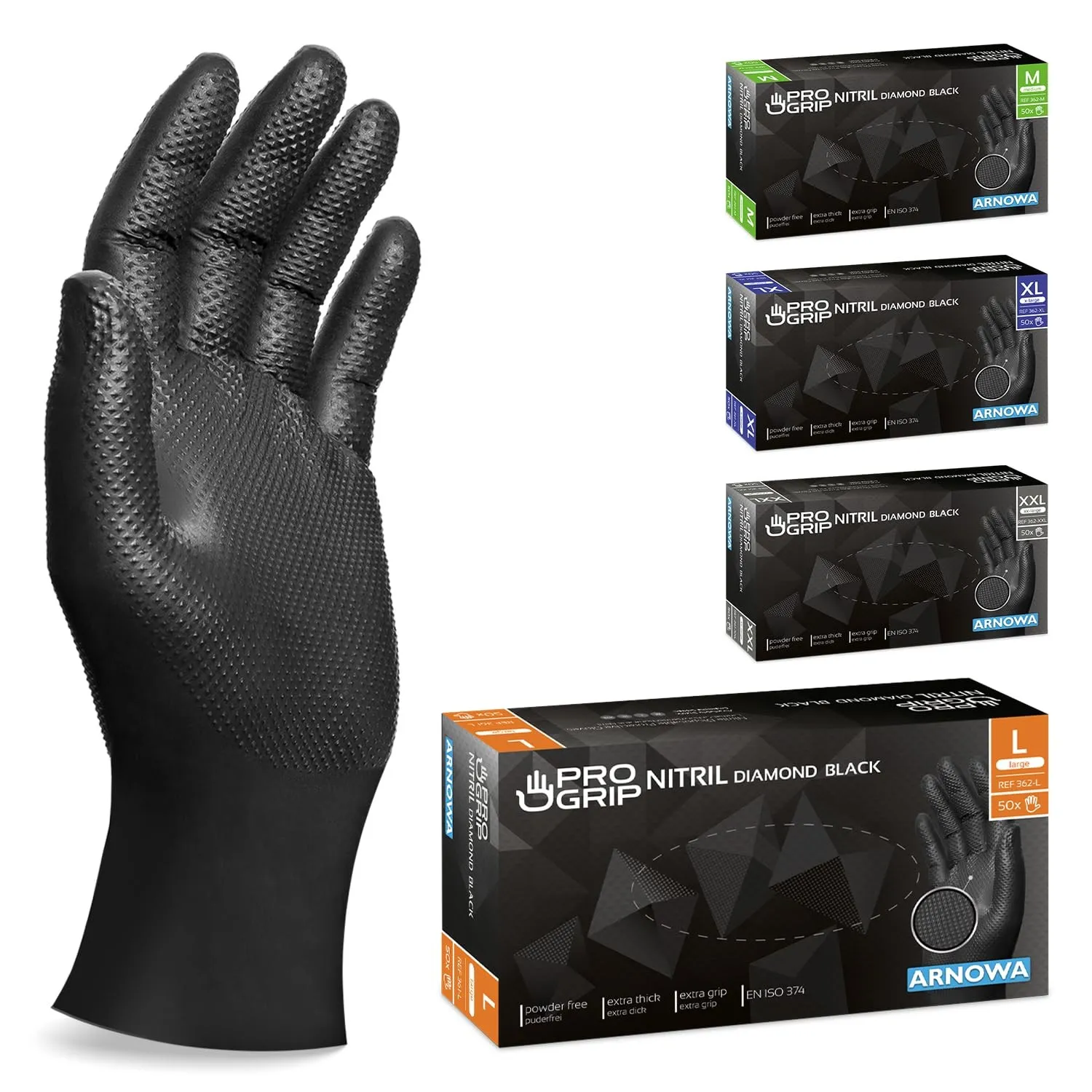 200x PROGRIP Einweghandschuhe Diamant Grip Schwarz, Nitrilhandschuhe L | Einmalhandschuhe Extra Stark, Handschuhe Einwe…