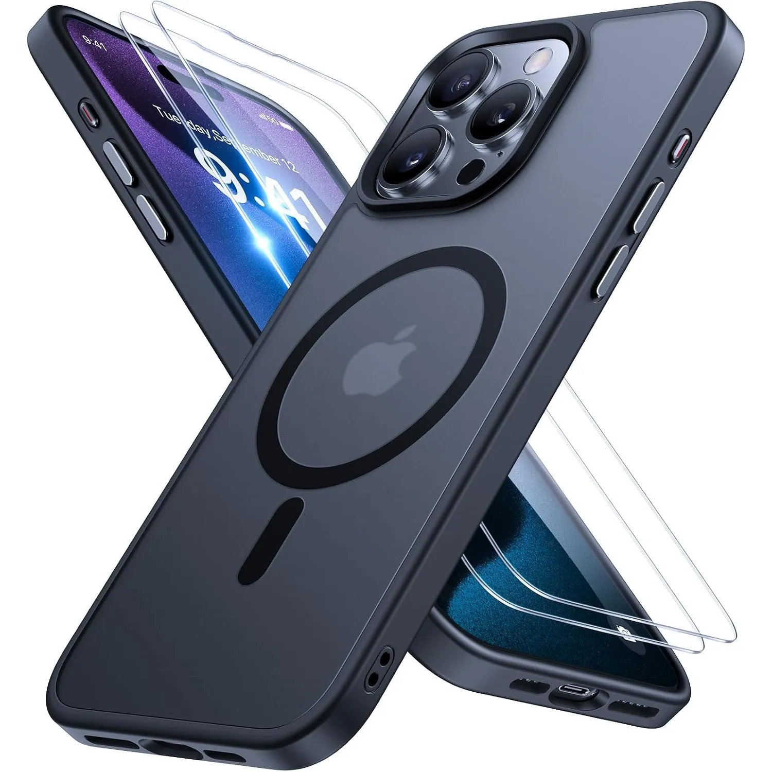 Miracase für iPhone 15 Pro Hülle mit Magsafe & 9H+ Panzerglas, Schwarz