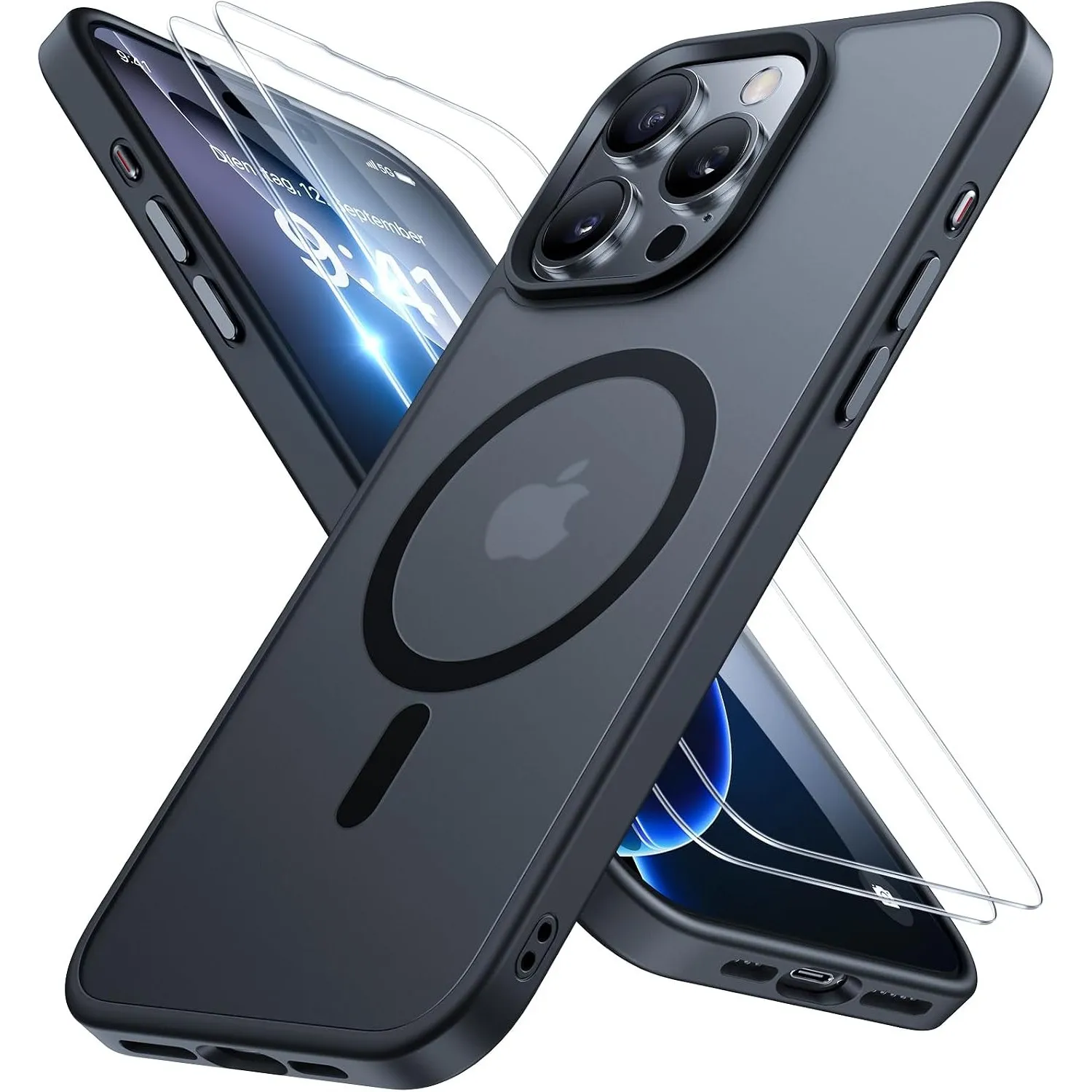 Miracase für iPhone 16 Pro Hülle mit Magsafe & 2 9H+ Panzerglas, Schwarz