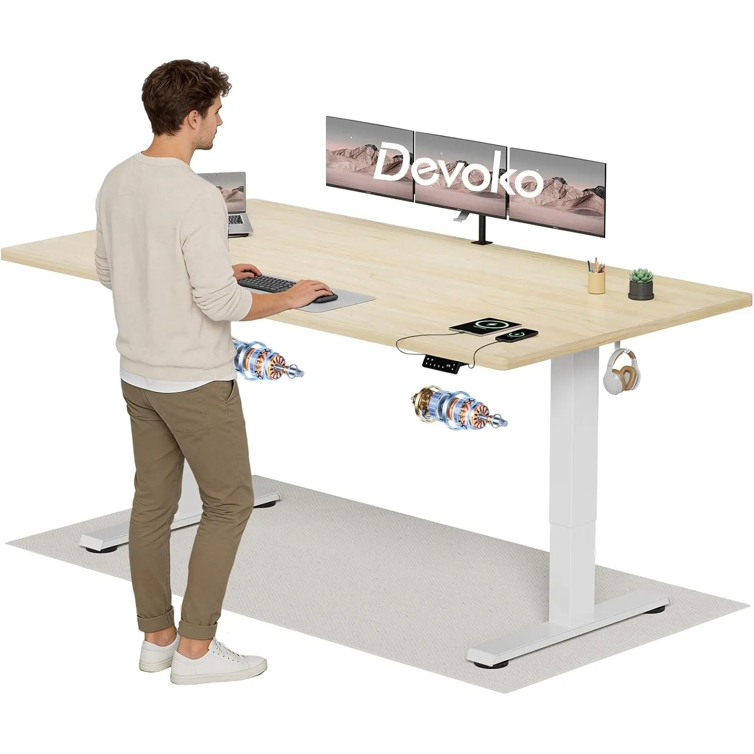 Devoko Höhenverstellbarer Schreibtisch mit 2 Motoren，25mm Einteilige Tischplatte, 200x80 cm Mobiler Elektrisch Computer…