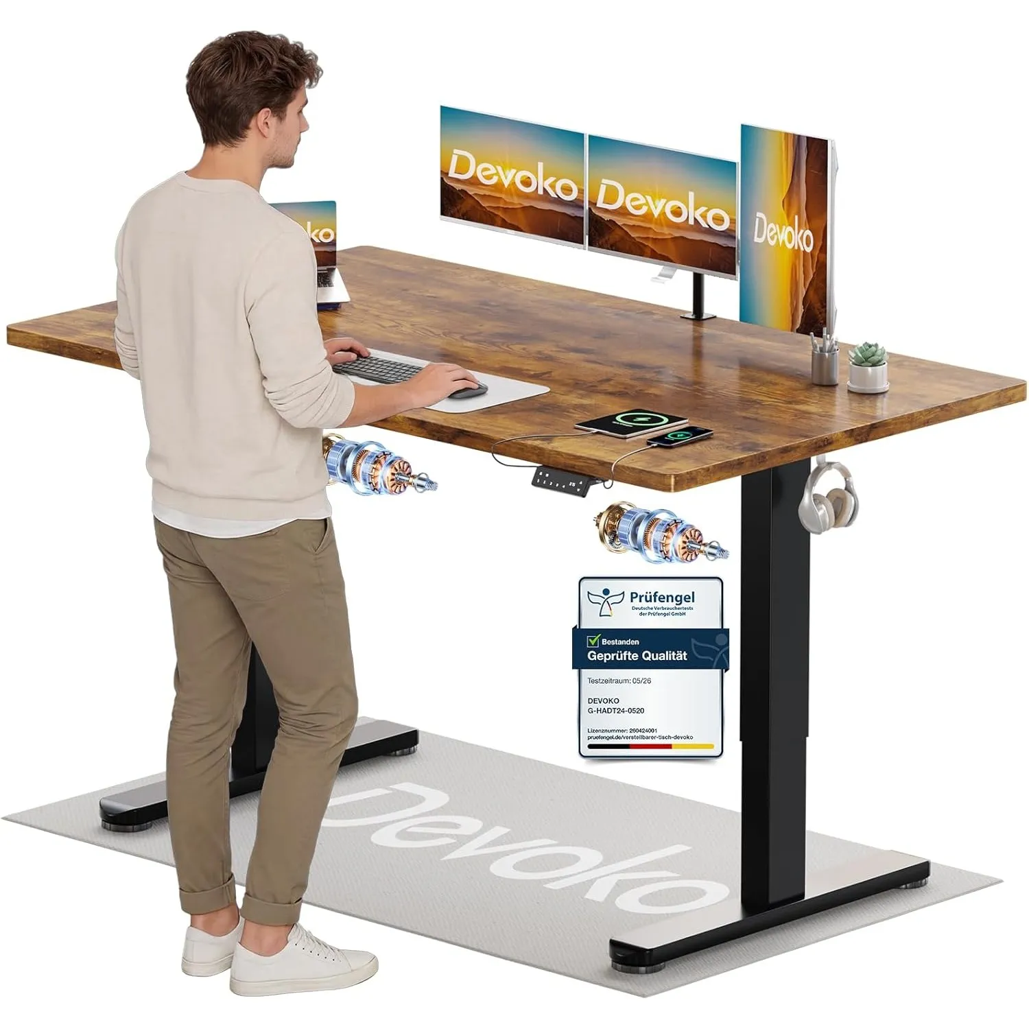 Devoko Höhenverstellbarer Schreibtisch mit 2 Motoren，25mm Einteilige Tischplatte, 160x80 cm Elektrisch Computertisch mi…