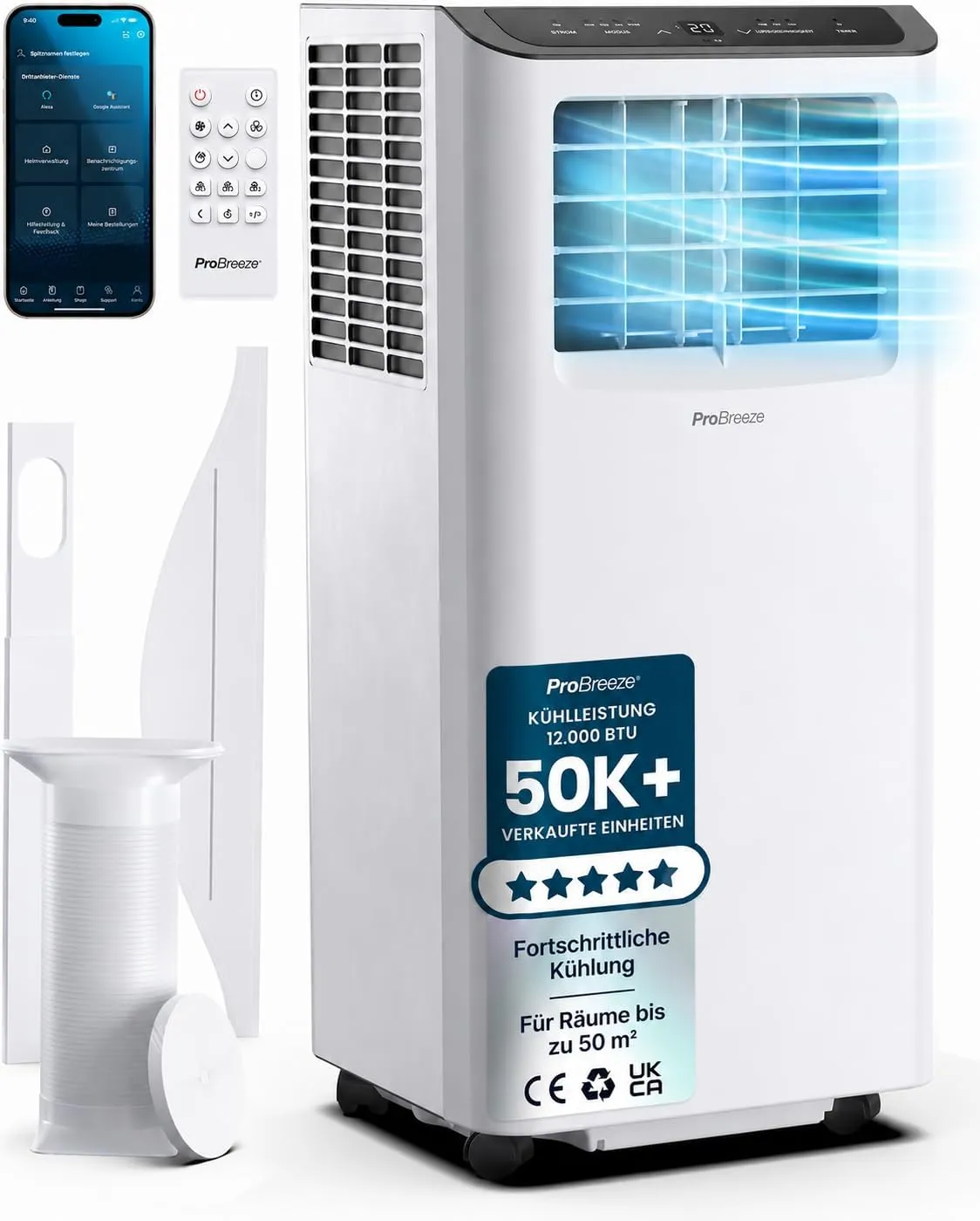 Pro Breeze 12000 BTU Mobile Air Conditioner (Rooms up to 50㎡) - Mobile Air Conditioner with App Control, Timer & LED Di…