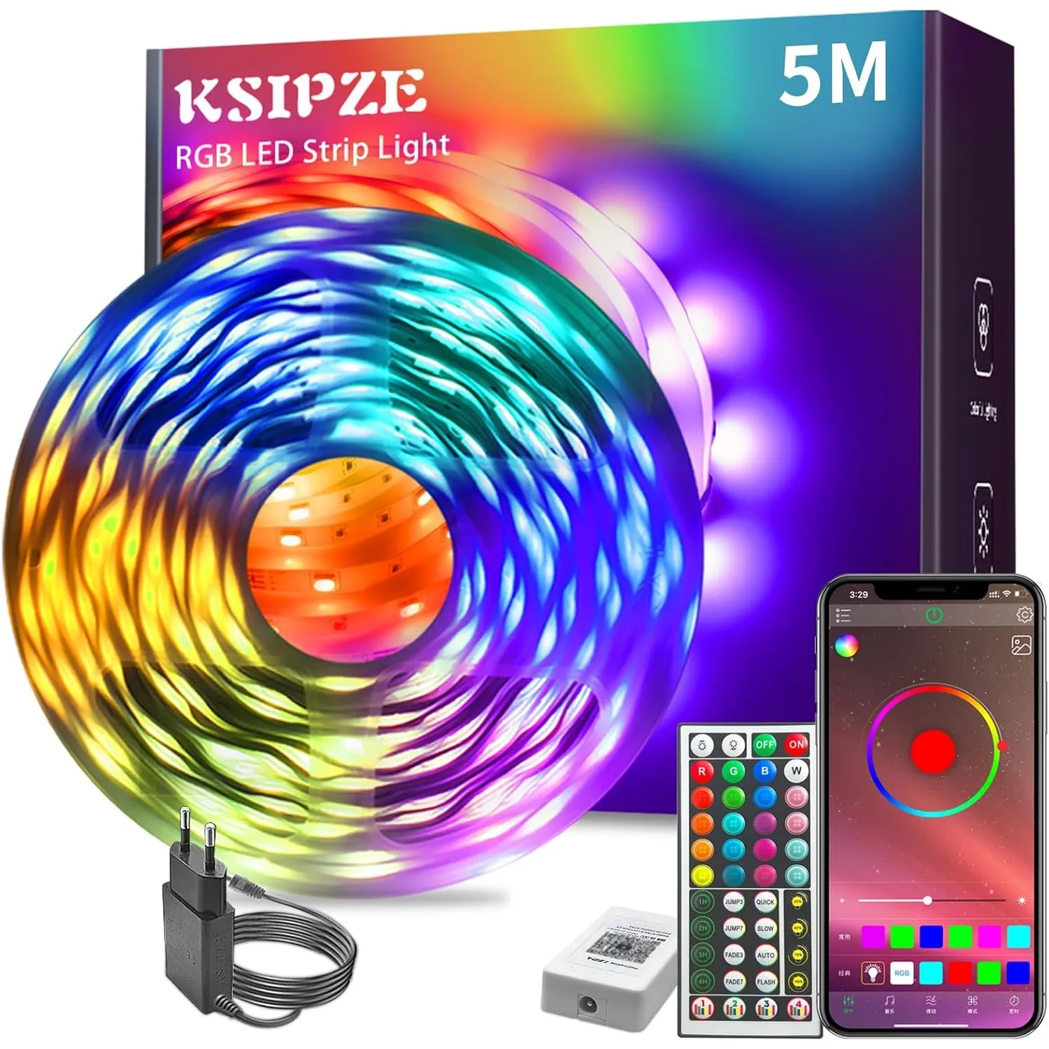 KSIPZE Led Streifen 5m, RGB LED Strip mit Fernbedienung Bluetooth App
