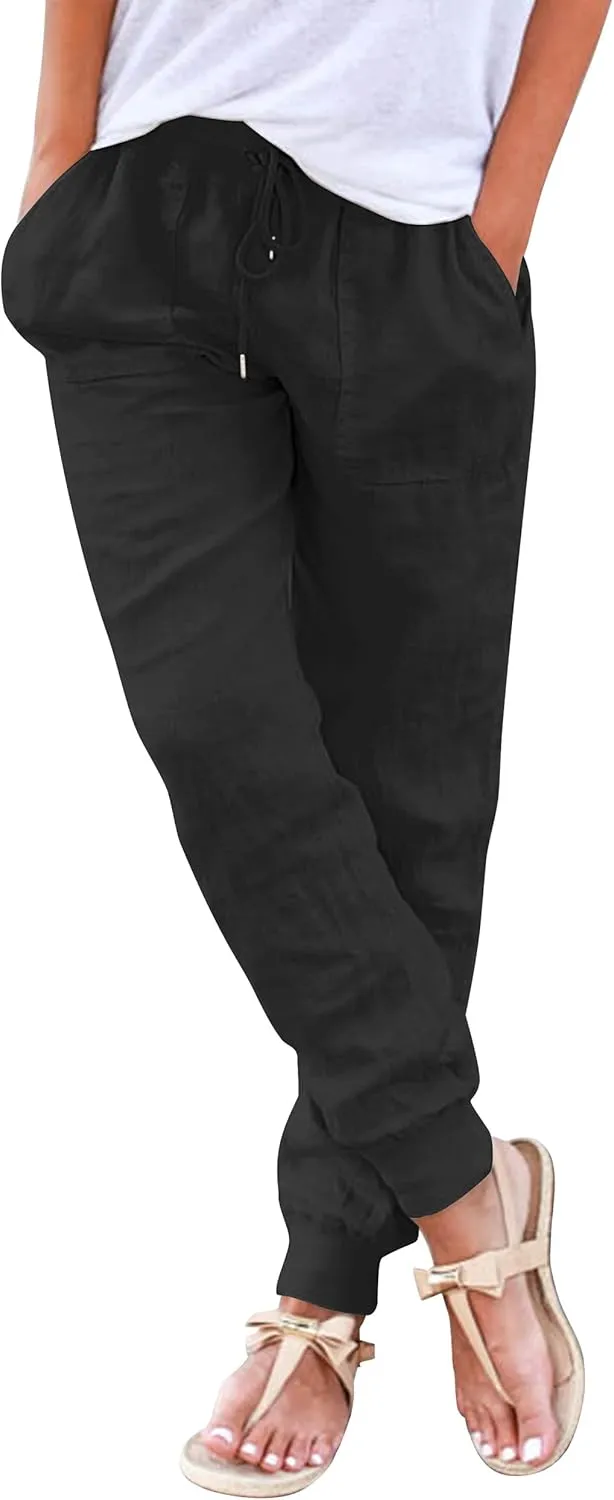 Women's summer casual cotton linen fabric trousers, plain casual trousers, stretch lightweight linen trousers, straight…