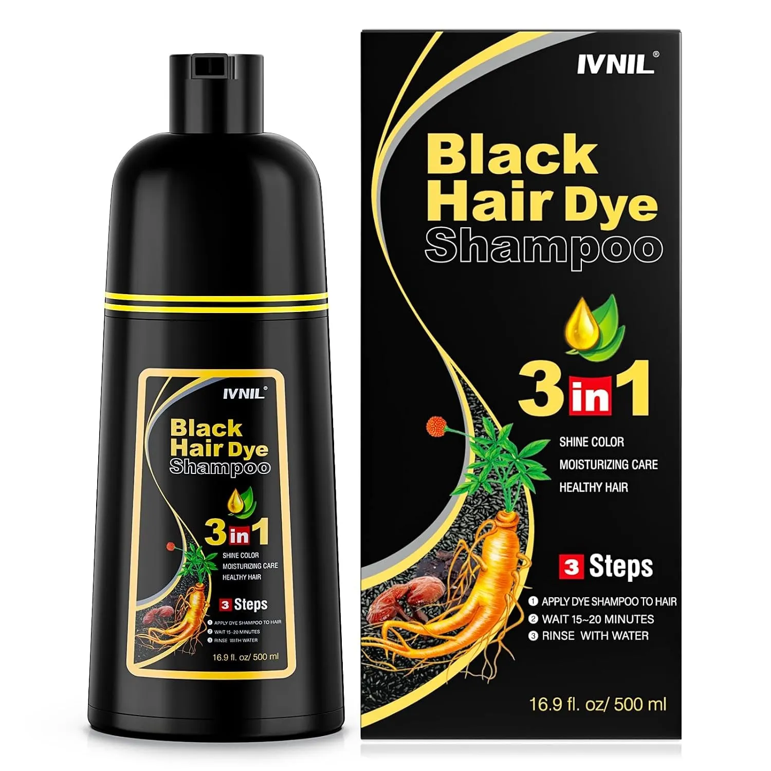 Black Hair Dye Shampoo Haarfarbe Schwarz haarfärbeshampoo 3in1 für Männer und Frauen, Haarfarbe Shampoo Gegen Graue Haa…
