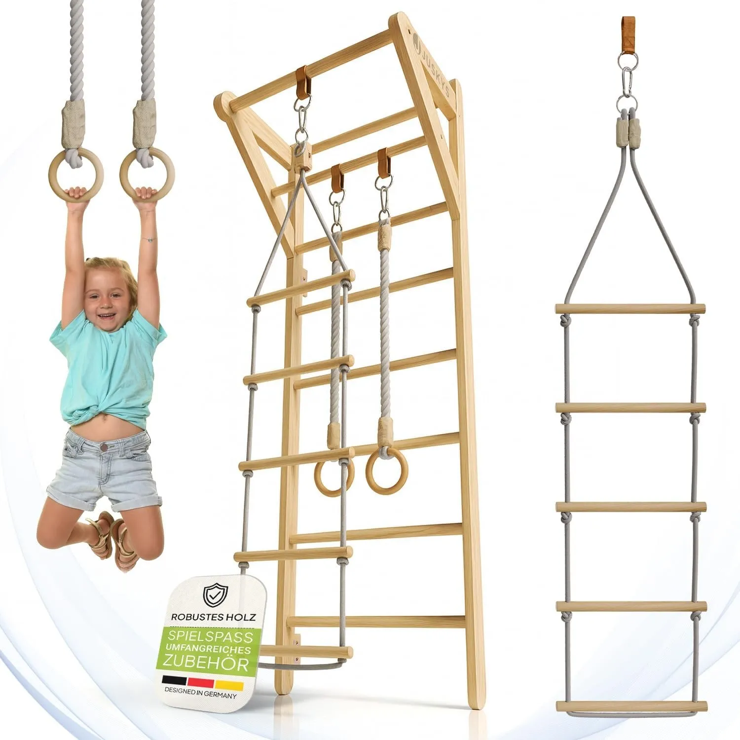 Juskys® Sprossenwand für Kinder - mit Klimmzugstange, Indoor Klettergerüst mit Turnringen und Strickleiter, Kletterwand…