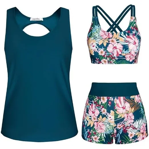 JASAMBAC 3-teiliger Tankini Damen Bauchweg, Push-up-Bikinioberteil und High Waist Badeshorts, einfache Badebekleidung, …