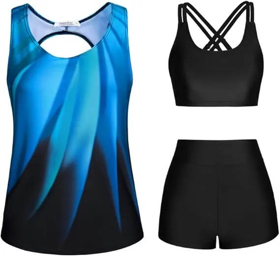 JASAMBAC 3 Piece Tankini Women's Tummy Control Push Up Bikini Top and High Waist Swim Shorts Simple Swimwear Women's Sp…