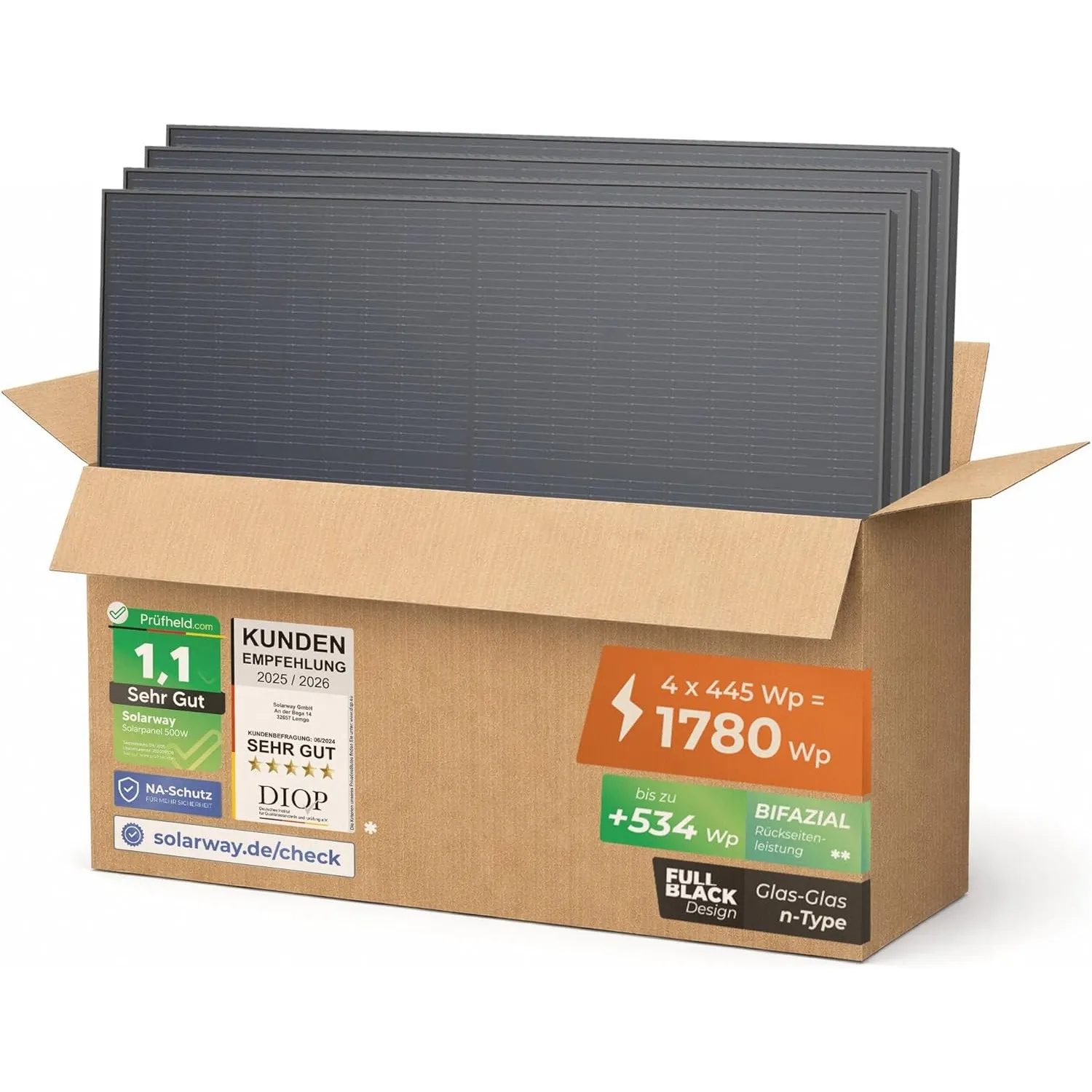 Solarway 445W Solarpanel Full Black Bifazial Glas/Glas PV Panel mit positiver Leistungstoleranz von 0-5 Watt, n-type, g…