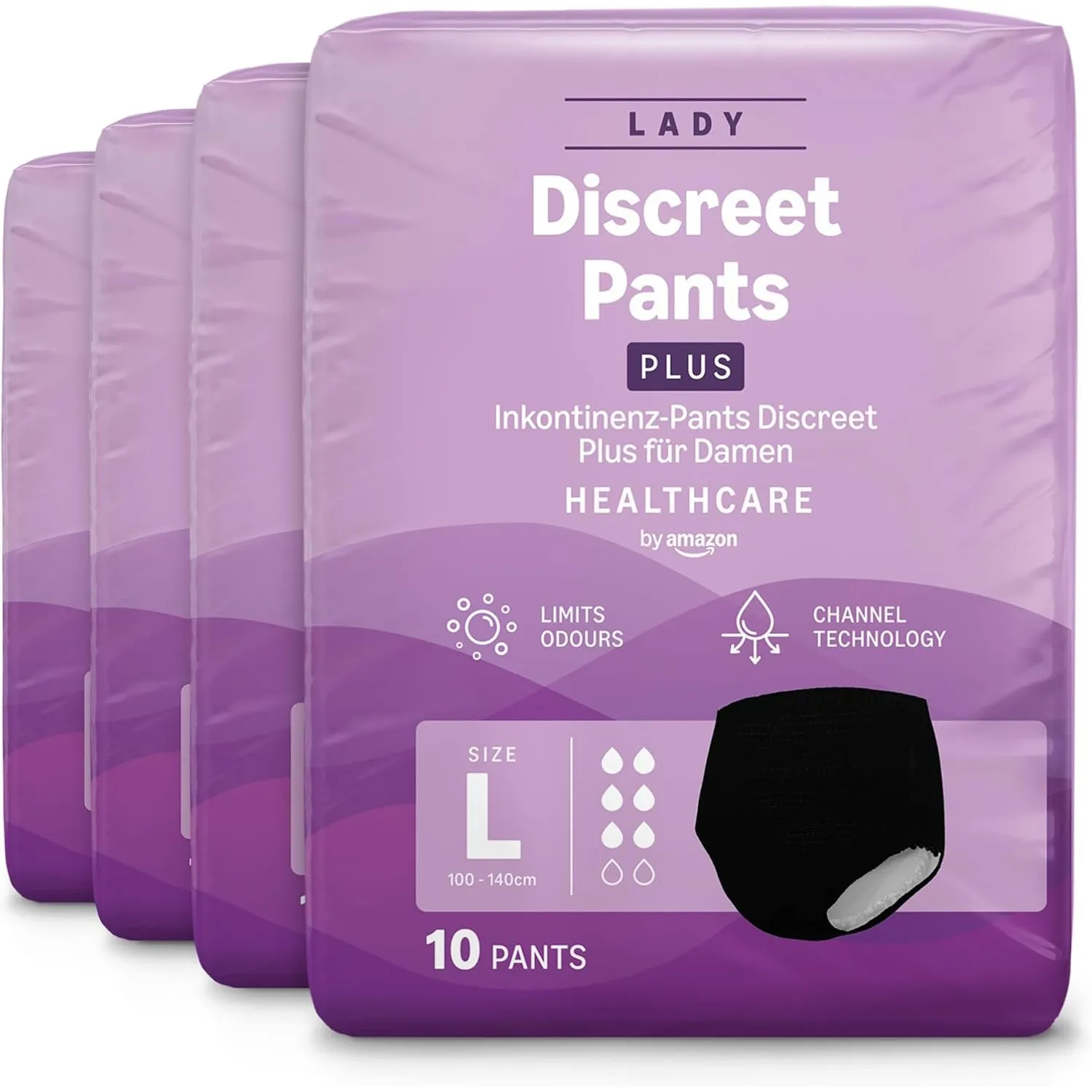 Healthcare by Amazon Discreet Damen Inkontinenz Pants, Plus-Saugstärke, L, 40 Stück (4 Packungen à 10 Stück), Schwarz